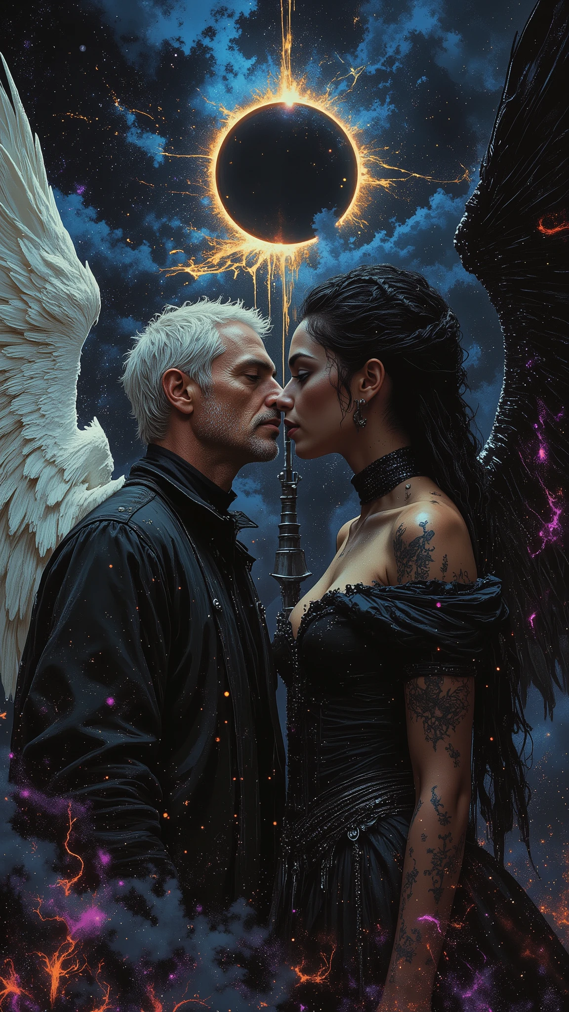 Done in a balanced, fluid, gothic style that expresses the harmony of opposites that dance around these 2.
A captivating portrait shows an angel and a demon in stark opposition. On the left, a 40 year old clean shaven man with short white hair and aquiline features. With a wry expression wears a dark, high-collared coat. He has white, feathered wings and a glowing halo, symbolizing his angelic nature. On the right, a mixed woman with light brown skin and long, a head shorter than the man almost braided hair black as midnight that shimmers, is wearing a roguish grin and dressed in a black, ornate off-the-shoulder gown. Her radiant eyes plotting are familiar to the man and can tell she plots mischief. She has dark spidery tattoos that are elegant and cruelly beautiful, a bandolier of long black daggers and hooks rest across her ample bosom, and large majestic black gossamer wings of blue and purple frame her short form, with flames rising behind her of the same colors, signifying her sinister essence that's tied to darkness and the beauty found in the unseelie court. Both figures are facing each other, their intense gazes creating a powerful contrast between light and darkness and a shocking truth, they long to touch one another and their look is full of love. Massive energies whirl around these 2 and an eclipse of the Sun heralds their union with a foreboding air.