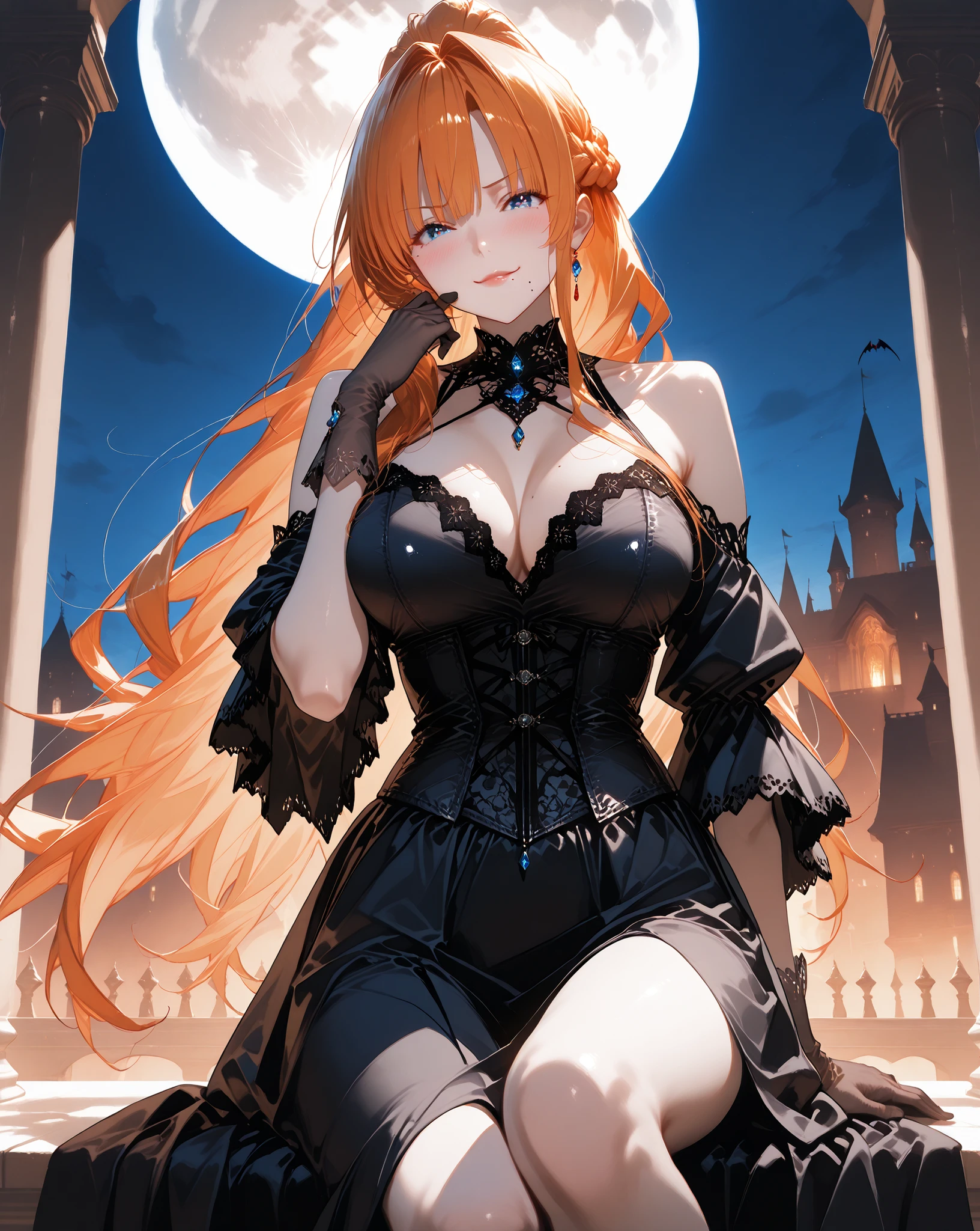 source_anime, score_9, score_8_up, score_7_up,masterpiece, Highest Quality, beautiful detailed,vibrant, is so pretty, high contrast,  semi-realistic, newest,break,  Mature Woman, Women are housewives, mira, orange hair, blue eyes, mole under mouth, long hair, ponytail, braid
Composition from head to knee , score_9, score_8_up , score_8,


,1woman  ,A breathtakingly beautiful vampire queen standing alone on the moonlit balcony of an ancient gothic castle, velvet night sky and full moon behind her. She wears long, luxurious black velvet gloves that reach her elbows, softly catching the silver moonlight. Her skin is flawless porcelain pale, glowing ethereally, impossibly smooth and luminous like polished marble kissed by starlight. She has an exquisitely perfect face: high cheekbones, full sensual lips slightly parted, large almond-shaped crimson eyes with long lashes, delicate arched eyebrows, long flowing silver-white hair cascading over her bare shoulders. Her expression is a seductive blend of serene happiness and shy, blushing arousal, subtle smile, gentle flush on her cheeks, eyes softly gazing upward at the moon with dreamy longing.

Her body is the ultimate embodiment of feminine sensuality: hourglass figure, voluptuous yet elegant, wearing a deep black gothic velvet corset dress that clings to every curve, low neckline revealing perfect décolletage, the fabric shimmering under moonlight. Extreme beauty, hyper-feminine allure, intoxicating and mesmerizing presence. Cinematic lighting, soft moon glow caressing her skin, delicate shadows accentuating her exquisite features and the texture of velvet gloves. Ultra-detailed, photorealistic, 8k, masterpiece, sensual gothic fantasy aesthetic.