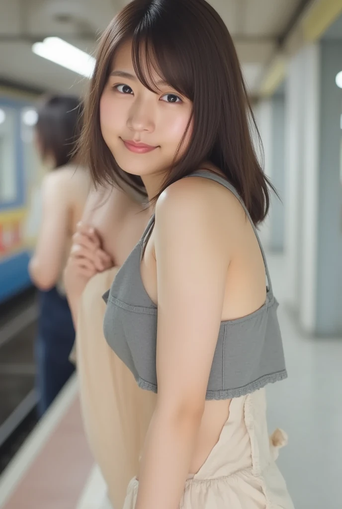 Magazine Cover:1.3、Incredibly cute girl,Super cute 16 year old girl、White skin、Thin chest、Small nipples are visible、(Wearing a tank top with loose sides)、 Professional Lighting、Tokyo Street,night, Streetscape,City lights,Upper Body,close,smile,, (8k, RAW Photos, Highest quality, masterpiece:1.2),(Realistic, photo-Realistic:1.37),Please lift your skirt、I can see your pants、