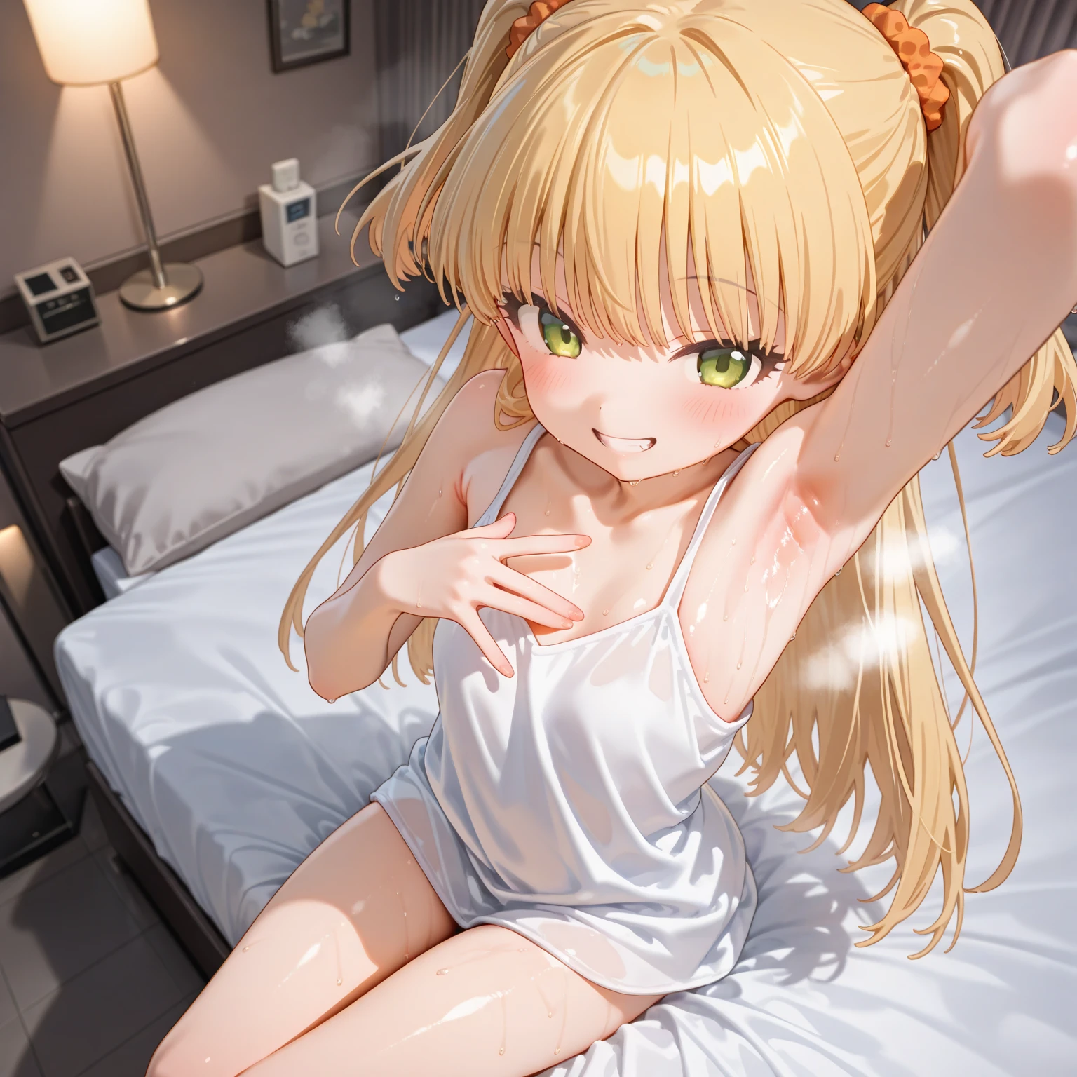 Masterpiece, (Best Quality), Alone, (Young Woman), Solo, Blonde Long Straight Hair, Big, Dog Ears, (Golden Eyes), (Pajamas with green and white stripes), Barefoot, Smiling gently, Slightly open eyes, Sweating a lot, Holding her stomach with both hands, (Sleeping on her back), ((Very dark)), (Midnight Room))), On the bed, (Image of only the upper body)