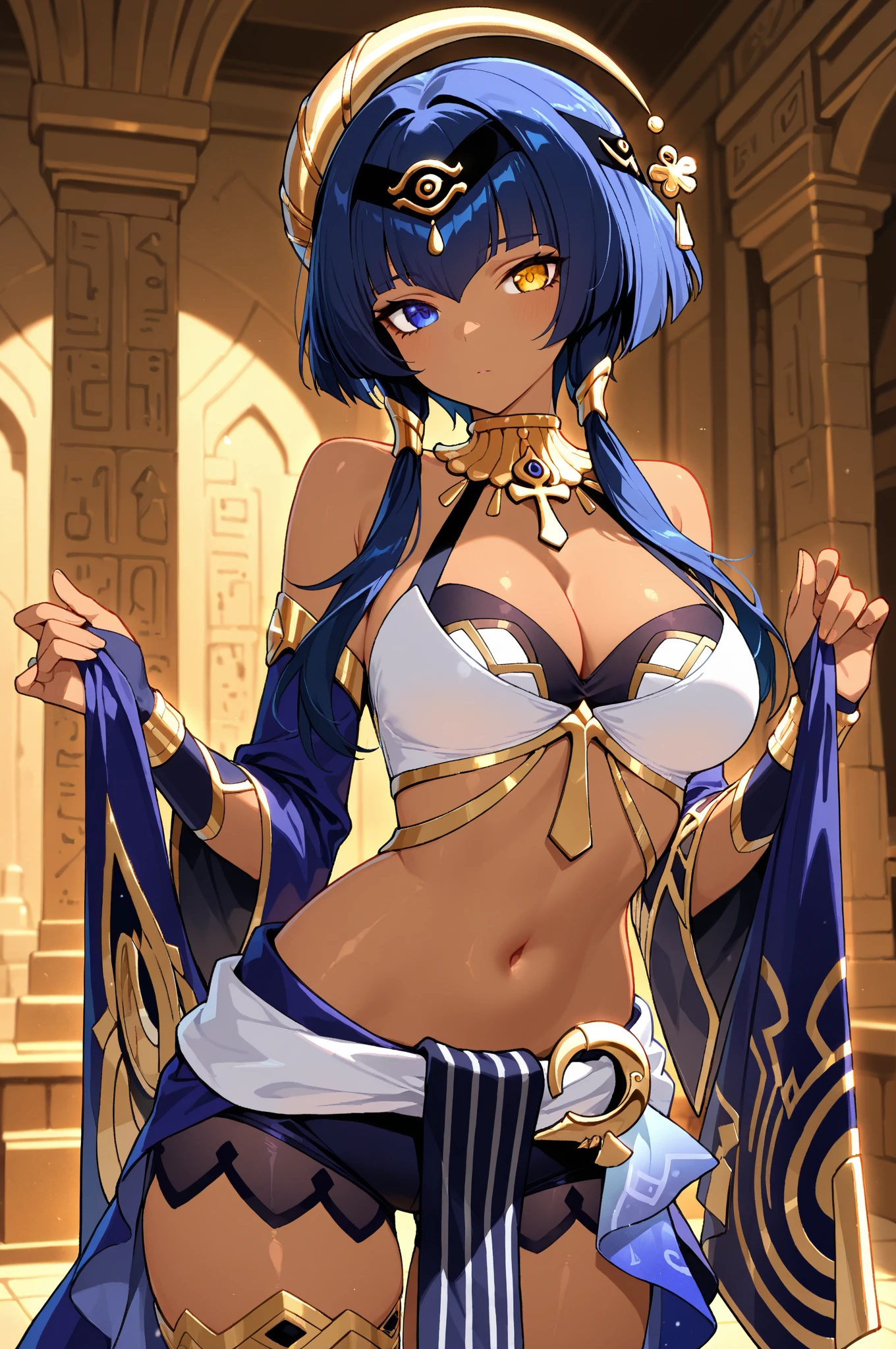 Anime Egyptian warrior woman, Short blue hair, purple eyes, golden earrings rings Golden ?????? armor, golden bracelets, golden belt with white loincloth, ???? legs, holding two big swords. desert background
