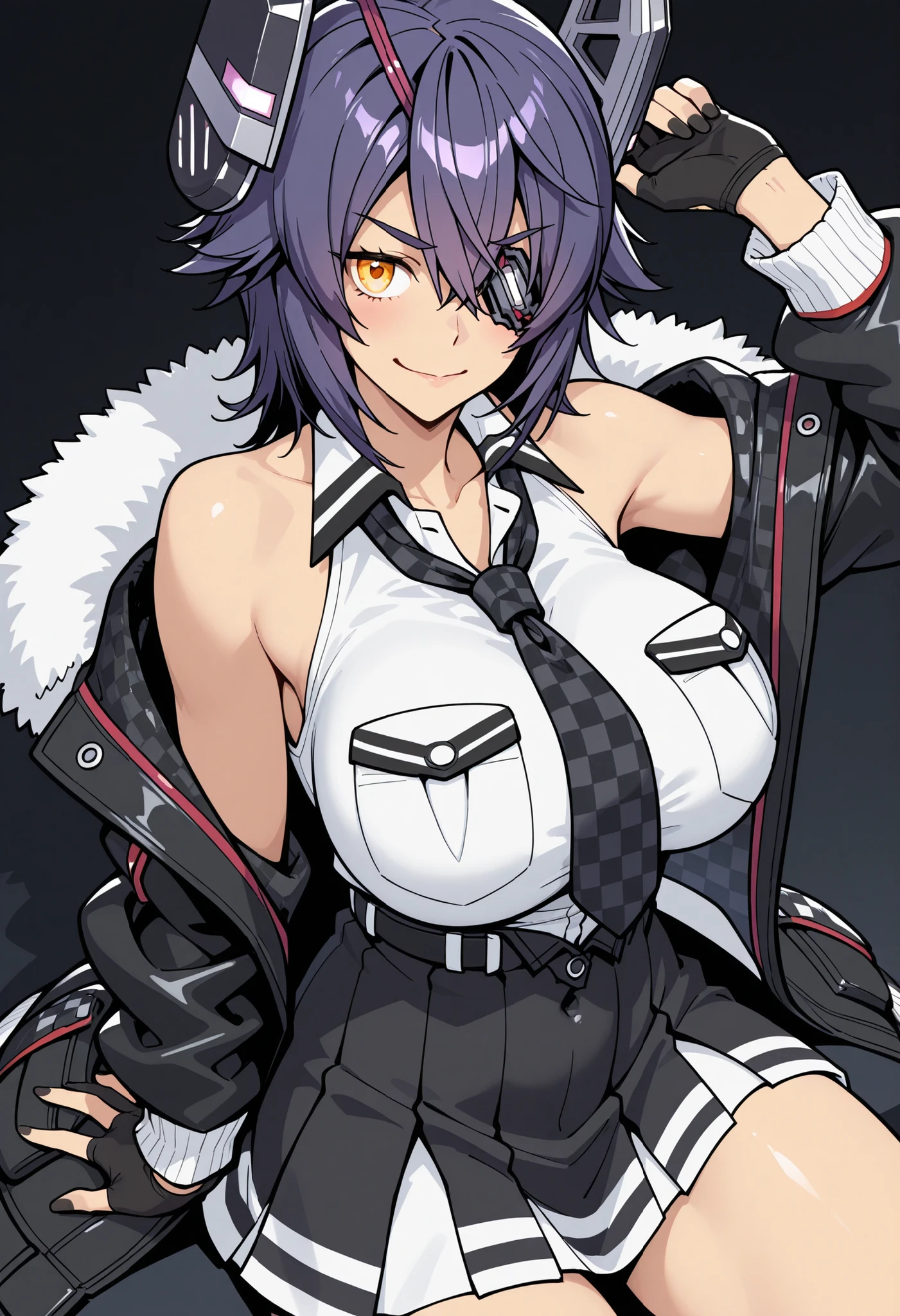 Tenryuu kai ni \(kancolle\), white fur-trimmed black jacket, collared white shirt, sleeveless, checkered necktie, black skirt, eyepatch, mechanical headgear