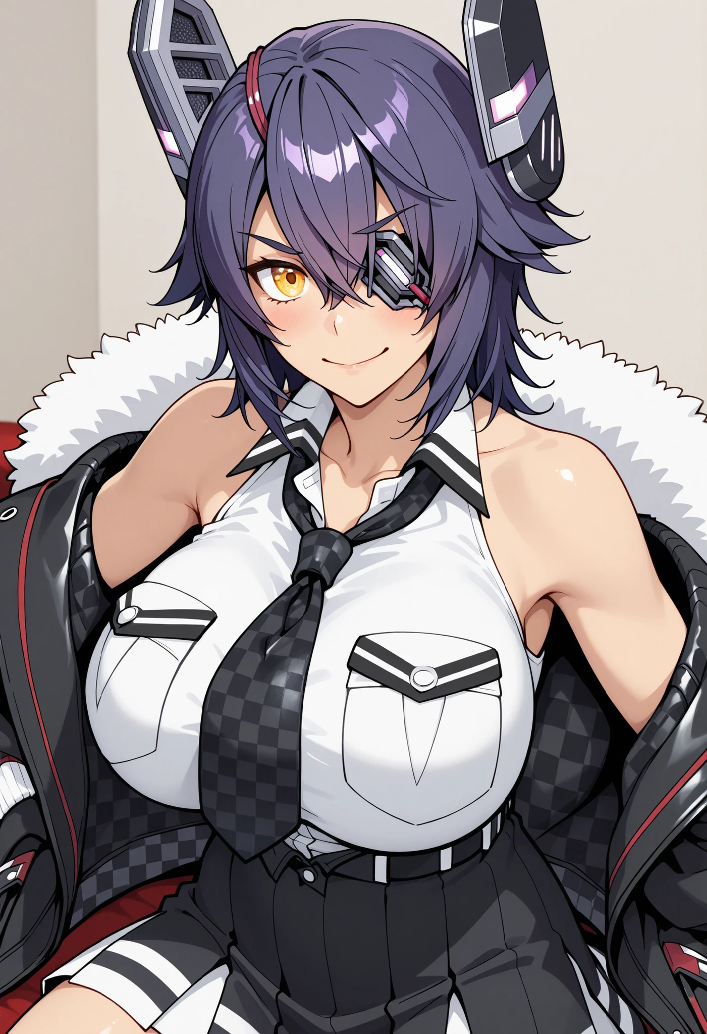 Tenryuu kai ni \(kancolle\), white fur-trimmed black jacket, collared white shirt, sleeveless, checkered necktie, black skirt, eyepatch, mechanical headgear