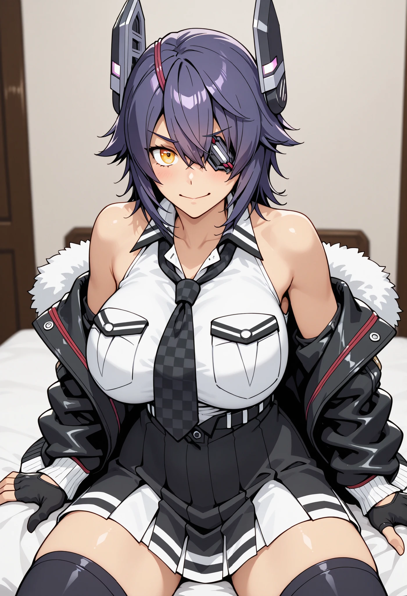 Tenryuu kai ni \(kancolle\), white fur-trimmed black jacket, collared white shirt, sleeveless, checkered necktie, black skirt, eyepatch, mechanical headgear