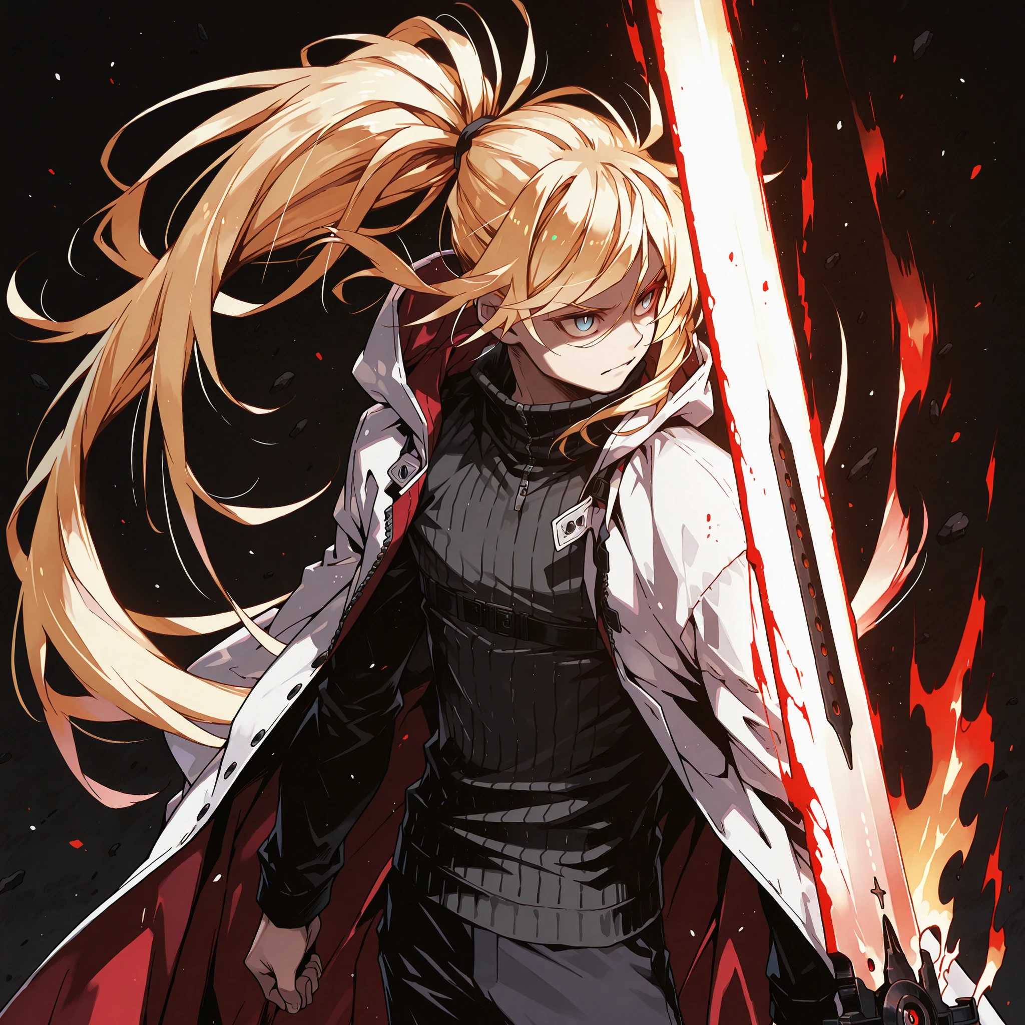 Alone, 1 boy, a solitary male character, a young teenage boy approximately 1.5 meters tall. He is alone against a deep black background, making him stand out intensely. His physique and height are exactly like Terakomari Gandesblood from The Vexblood Nations of a Shut-In Vampire Princess.

He has long blond hair tied in a ponytail, styled similarly to Oshino Shinobu’s from the Monogatari Series. The tips of his hair have an ethereal, flame-like blond appearance. His hair is styled in the Shikei style. His face is identical to Amiya’s from Arknights.

His eyes are blue, striking, and beautiful. Blue eyes.

Clothing and accessories:

He wears a black turtleneck sweater that reaches mid-thigh.

The most striking feature is his white coat with red accents and a red inner lining—identical in every detail to Reed the Flame Shadow’s coat from Arknights (but white with red accents and red inner lining): the same fabric, cut, red detailing, length, hood design, zippers, and proportions (but white with red accents). The coat fits snugly, slipping off his arms and leaving his shoulders exposed.

Pose and expression:

Black background, confident pose, slim and short body. He is a young man conjuring a large white flame in one hand while holding an immense white greatsword with black and golden details and a white blade in the other. The enormous greatsword appears to be made of stone, with several cracks along its width, a heavy blade from which condensed energy radiates. The energy visibly flows from the cracks in the colossal sword.

Atmosphere and style:

Youthful energy. Ultra-detailed, sharp, clean anime style. Deep black background with cinematic lighting emphasizing his short stature and powerful aura. Perfect image, perfect skin, perfect eyes, perfect . Shikei style.

The character is a boy. Male , male , male . The image focuses more on the character's face and doesn't show as much of their body.