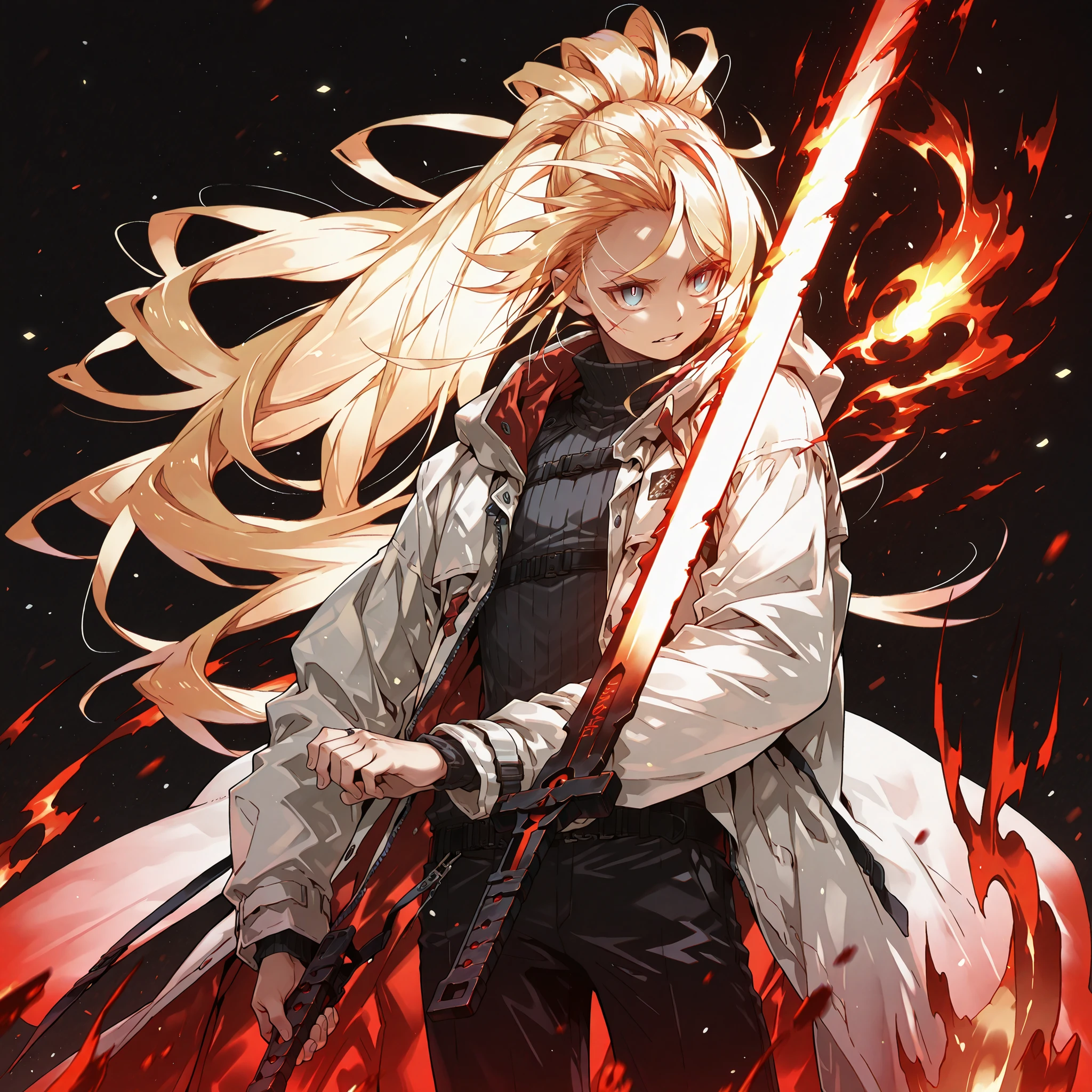 Alone, 1 boy, a solitary male character, a young teenage boy approximately 1.5 meters tall. He is alone against a deep black background, making him stand out intensely. His physique and height are exactly like Terakomari Gandesblood from The Vexblood Nations of a Shut-In Vampire Princess.

He has long blond hair tied in a ponytail, styled similarly to Oshino Shinobu’s from the Monogatari Series. The tips of his hair have an ethereal, flame-like blond appearance. His hair is styled in the Shikei style. His face is identical to Amiya’s from Arknights.

His eyes are blue, striking, and beautiful. Blue eyes.

Clothing and accessories:

He wears a black turtleneck sweater that reaches mid-thigh.

The most striking feature is his white coat with red accents and a red inner lining—identical in every detail to Reed the Flame Shadow’s coat from Arknights (but white with red accents and red inner lining): the same fabric, cut, red detailing, length, hood design, zippers, and proportions (but white with red accents). The coat fits snugly, slipping off his arms and leaving his shoulders exposed.

Pose and expression:

Black background, confident pose, slim and short body. He is a young man conjuring a large white flame in one hand while holding an immense white greatsword with black and golden details and a white blade in the other. The enormous greatsword appears to be made of stone, with several cracks along its width, a heavy blade from which condensed energy radiates. The energy visibly flows from the cracks in the colossal sword.

Atmosphere and style:

Youthful energy. Ultra-detailed, sharp, clean anime style. Deep black background with cinematic lighting emphasizing his short stature and powerful aura. Perfect image, perfect skin, perfect eyes, perfect . Shikei style.

The character is a boy. Male , male , male . The image focuses more on the character's face and doesn't show as much of their body.