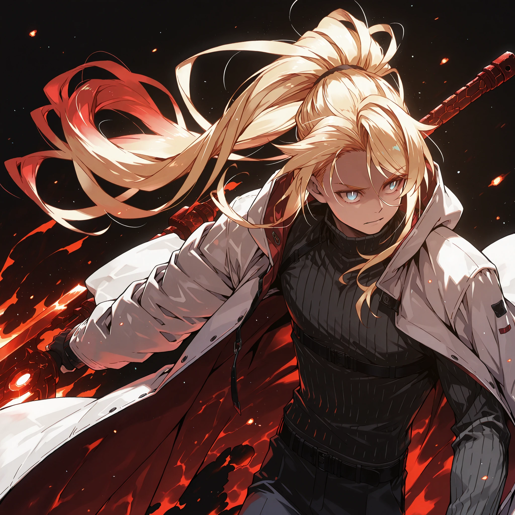 Alone, 1 boy, a solitary male character, a young teenage boy approximately 1.5 meters tall. He is alone against a deep black background, making him stand out intensely. His physique and height are exactly like Terakomari Gandesblood from The Vexblood Nations of a Shut-In Vampire Princess.

He has long blond hair tied in a ponytail, styled similarly to Oshino Shinobu’s from the Monogatari Series. The tips of his hair have an ethereal, flame-like blond appearance. His hair is styled in the Shikei style. His face is identical to Amiya’s from Arknights.

His eyes are blue, striking, and beautiful. Blue eyes.

Clothing and accessories:

He wears a black turtleneck sweater that reaches mid-thigh.

The most striking feature is his white coat with red accents and a red inner lining—identical in every detail to Reed the Flame Shadow’s coat from Arknights (but white with red accents and red inner lining): the same fabric, cut, red detailing, length, hood design, zippers, and proportions (but white with red accents). The coat fits snugly, slipping off his arms and leaving his shoulders exposed.

Pose and expression:

Black background, confident pose, slim and short body. He is a young man conjuring a large white flame in one hand while holding an immense white greatsword with black and golden details and a white blade in the other. The enormous greatsword appears to be made of stone, with several cracks along its width, a heavy blade from which condensed energy radiates. The energy visibly flows from the cracks in the colossal sword.

Atmosphere and style:

Youthful energy. Ultra-detailed, sharp, clean anime style. Deep black background with cinematic lighting emphasizing his short stature and powerful aura. Perfect image, perfect skin, perfect eyes, perfect . Shikei style.

The character is a boy. Male , male , male . The image focuses more on the character's face and doesn't show as much of their body.