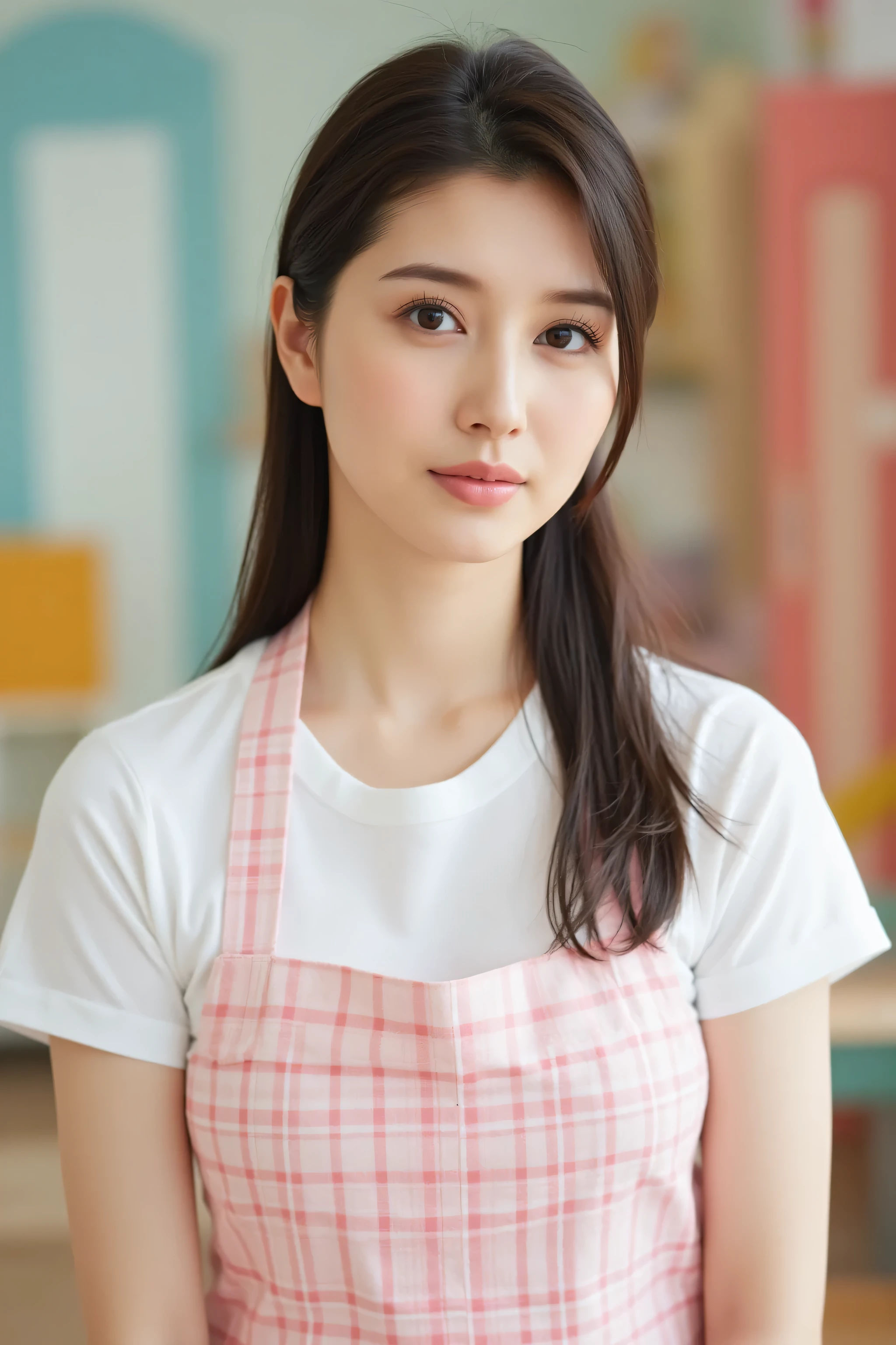 (End、best masterpiece、8k、best image quality、winning works)、(Beautiful 30 year old female nursery teacher:1.1)、(bow holding {x} face close-up:1.2)、(Long ponytail tied low at the back of the head:1.3)、dark hair、(cute white and pink checkered plaid apron:1.3)、white t-shirt、(Sexy and bewitching makeup:1.3)、(photograph a symmetrical woman from the front:1.4)、standing gracefully、 ultra high definition hair、Super High Resolution Glowing Eyes、Ultra High Resolution Gloss Slip、accurate anatomy、(Colorful Nursery Playroom Background:1.2)、(bow holding {x} face close-up:1.2)、sad expression