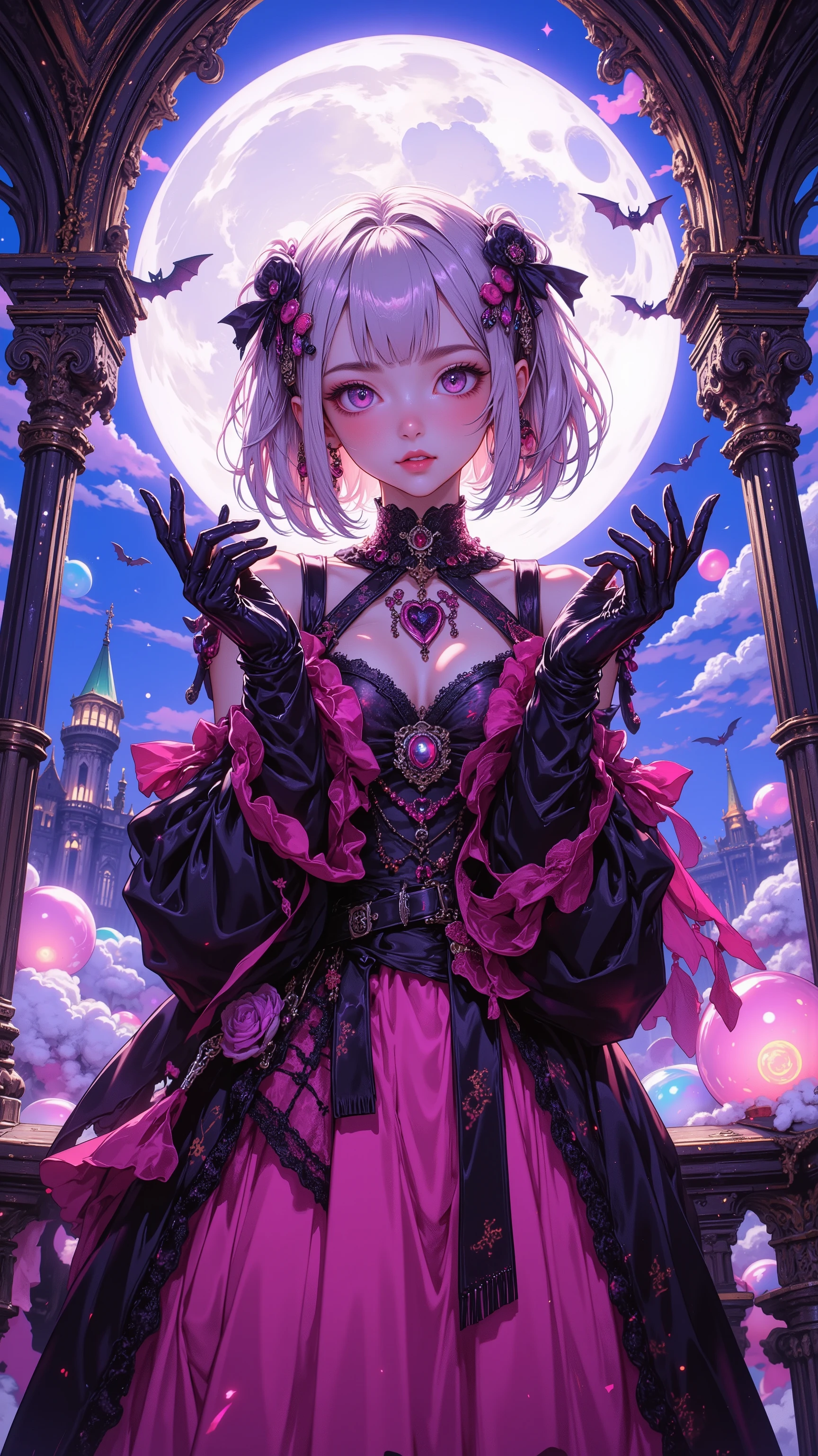 A super-cute Harajuku-style vampire girl standing on a moonlit gothic castle balcony reimagined in Kyary Pamyu Pamyu’s candy-pop fantasy world. She is the ultimate kawaii vampire princess: huge sparkling magenta eyes with heart-shaped highlights, tiny fang peeking from a playful smile, pastel-pink bob haircut with blunt bangs and twin high pigtails tied with black ribbon bows, porcelain-doll skin with soft rosy cheeks.
She wears an over-the-top cute gothic-lolita dress: layers of black and hot-pink frilly velvet, tiny bat-wing sleeves, heart-shaped cutouts, dripping with lace and ribbon. But the absolute star is her luxurious long black velvet gloves reaching past the elbows — ultra-plush, glossy, perfectly fitted, dramatically catching the cotton-candy moonlight with sugary sparkle. She gently lifts both gloved hands toward the full moon in adorable offering pose, fingers delicately spread, velvet shimmering like liquid night.
Background mixes spooky castle arches with floating pastel balloons, glowing lollipops, and tiny chibi bats wearing bows. Mood is playful yet seductive, perfect blend of creepy-cute and decadent elegance. Vibrant colors, maximum kawaii overload, hyper-detailed, 8k, masterpiece of original Harajuku vampire aesthetic, velvet gloves as the undisputed focal point.