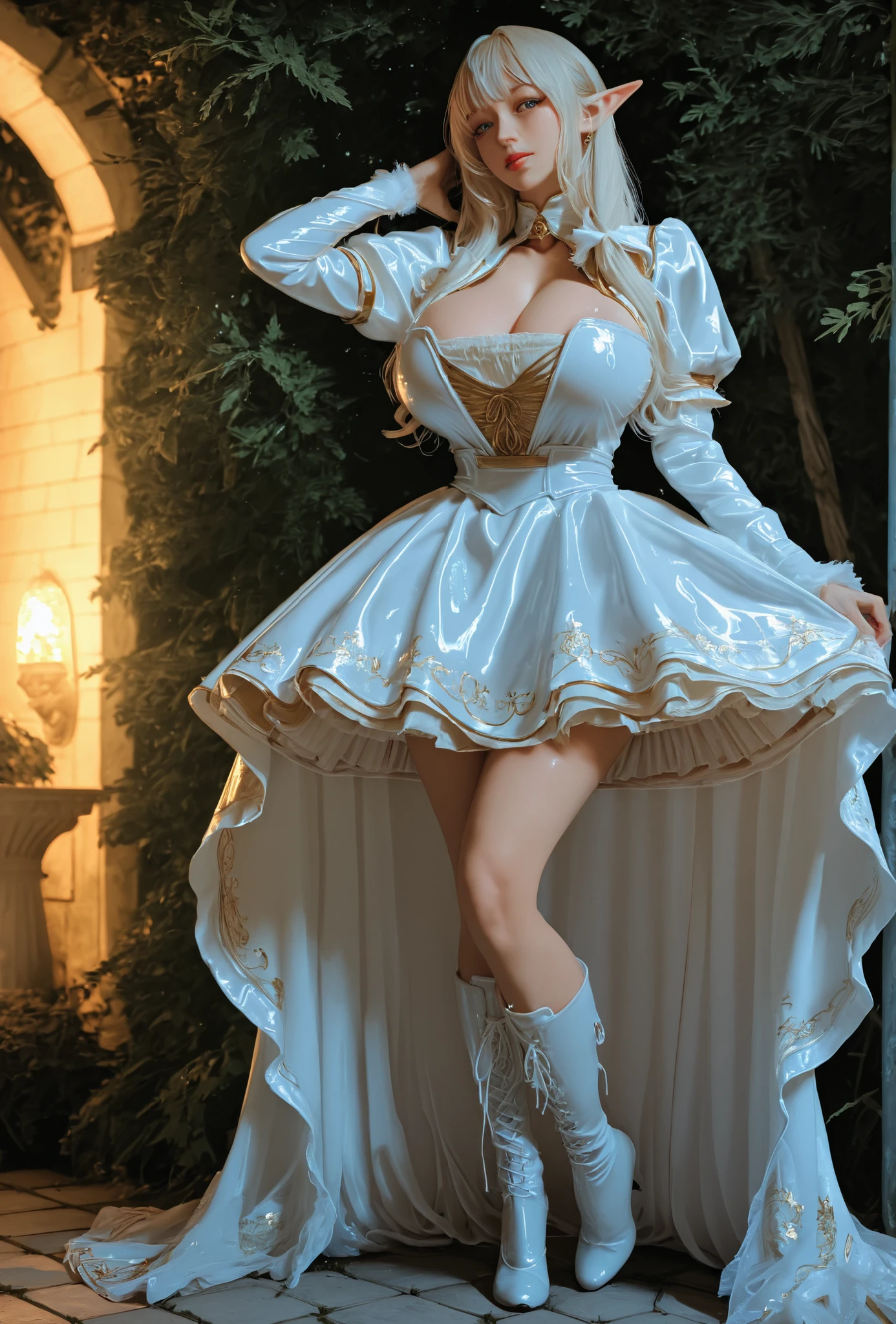 idol latex dress,latex широкая короткая юбка волнистая, full body, posing,elf ears,gigantic ,эльфийская_воительница, соблазнительная_поза, голые плечи, прическа на правый бок, разрез платья до бедер с двух сторон, white long hair, огромная_, реалистичные_детали, дерзкая_улыбка, облегающее_платье, динамичный_ракурс, храм_на_заднем_плане, магические_эффекты, (светящаяся_кожа:1.1), (пышные_губы:1.2), эпическое_освещение,realistic,posing,Священный и очаровательный эльф, Бесстрашная улыбка, cowboy shot , garden , night, moon