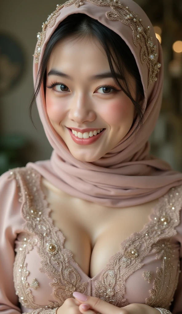 (HIJAB STYLISH)), realisitic、(top-quality), matured malay women、Realistic 20 year old dark skin malay face girl, dark skin、wife, mother, (((beautiful )))、Cleavage is fully 、 、kitchen、messy kitchen, (( in ))、((Colossal tits:1.4)) 、((Very small face))、,Professional bright lighting、Leans forward heavily、Face kissing、erotick、((Chibi girl in ))、Pale blue loose blouse、gym shorts, ((seduce face)), smile