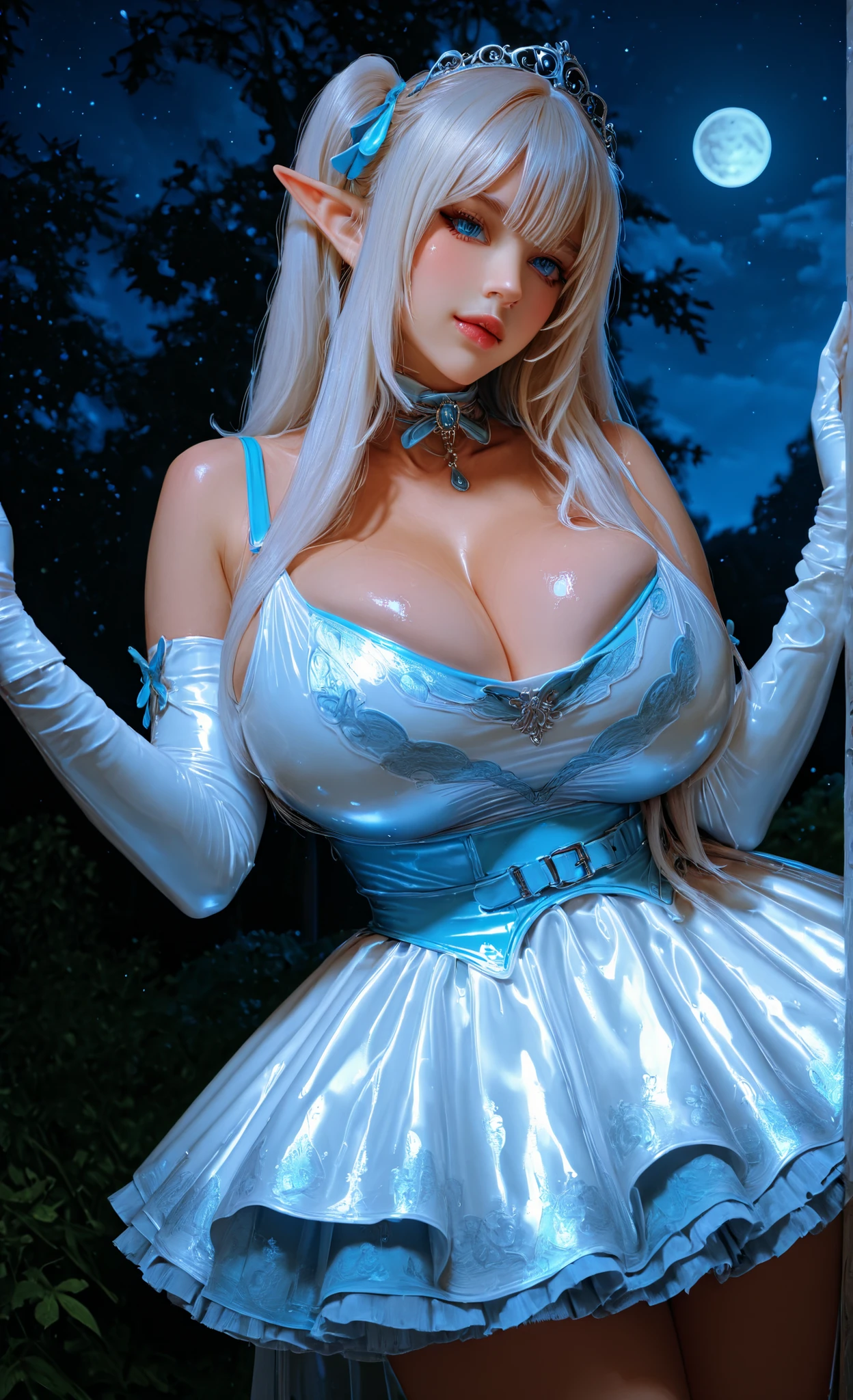 idol latex  dress,latex широкая короткая юбка волнистая, Cover, Monster Macromastia  posing,elf ears,gigantic ,эльфийская_воительница, соблазнительная_поза, голые плечи, прическа на правый бок, blue eyes,  разрез платья до бедер с двух сторон, white long hair,  огромная_, реалистичные_детали, дерзкая_улыбка, облегающее_платье, динамичный_ракурс, храм_на_заднем_плане, магические_эффекты, (светящаяся_кожа:1.1), (пышные_губы:1.2), эпическое_освещение,realistic,posing,Священный и очаровательный эльф, Бесстрашная улыбка,  cowboy shot , garden , night, moon 