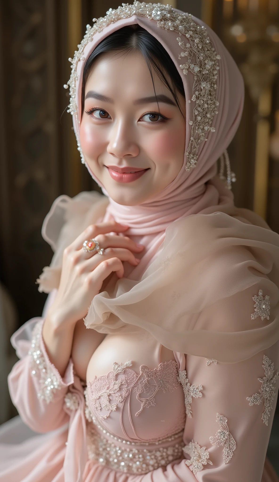 hyper HD, Masterpiece, Textured skin, 4K, Best quality of potrait a Beautiful hijab asian woman white fairy skin wearing dress , close-up half body , perfect hijab, detail veil , hyper realistic scarf and ornate on her side big back head hijab on likely hijab bun style , happy vibes, beauty smile , open mouth showing teeth  , smiling confident , huge breast , perfect hands , auto correct detail fingers. 