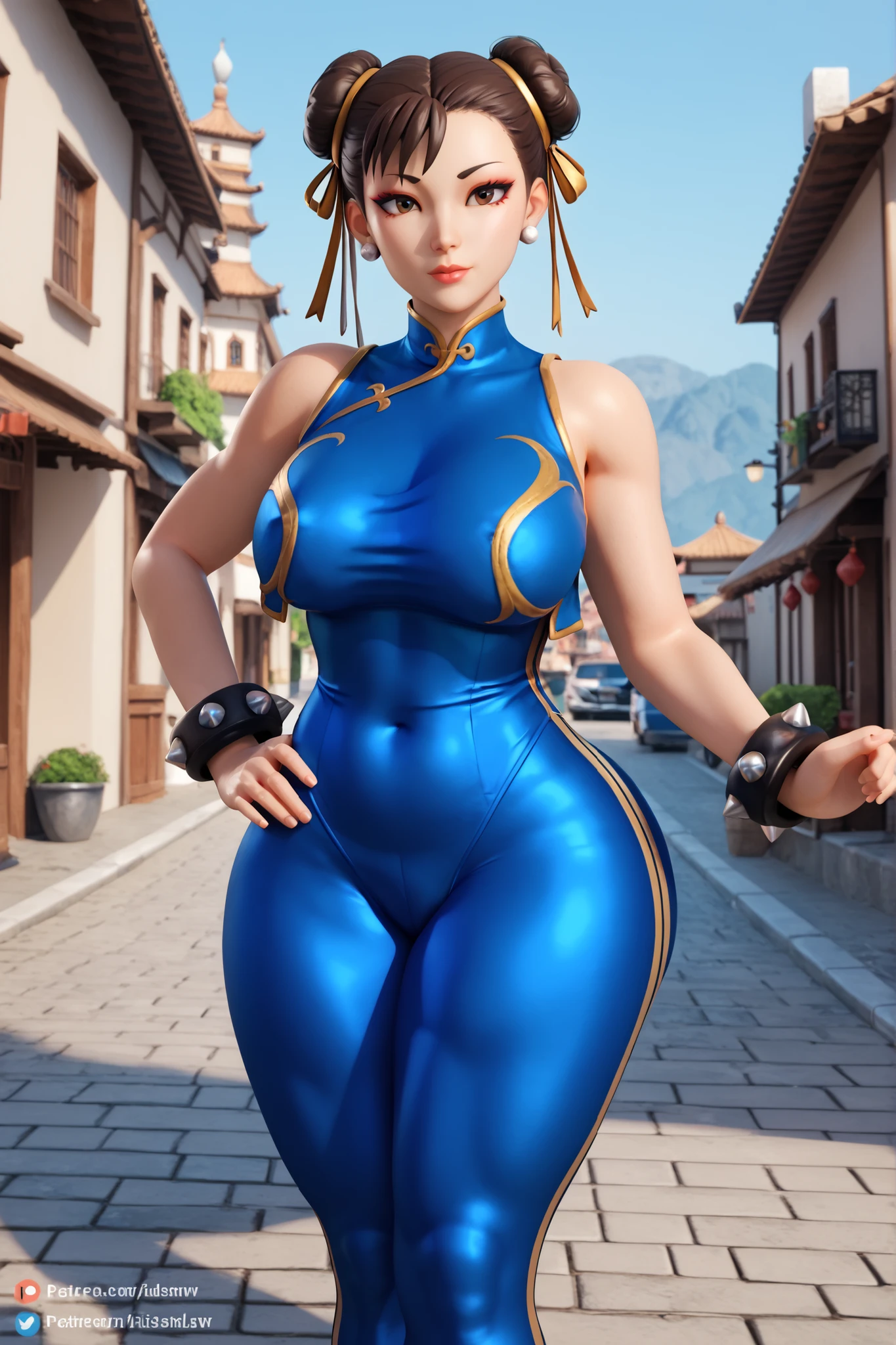 Chun-li F , pony_negativeV2,score_9, score_8_up, score_7_up, (masterpiece), (rating_questionable), (detailed), (highres), (perfect face), high quality eyes, 3d, blender style, migplatiniumv4, BREAK 1girl, solo, hair bun, double bun, brown hair, brown eyes, earrings, makeup, collarbone, breasts, huge breasts, huge ass, navel, thighs, thick thighs, (Chun Li hair, hair ribbon, SF6 dress, china dress, sf6 bracelet, leggings, blue leggings), (outdoors at a street, outside), View from front, outdoors, sexy expresion