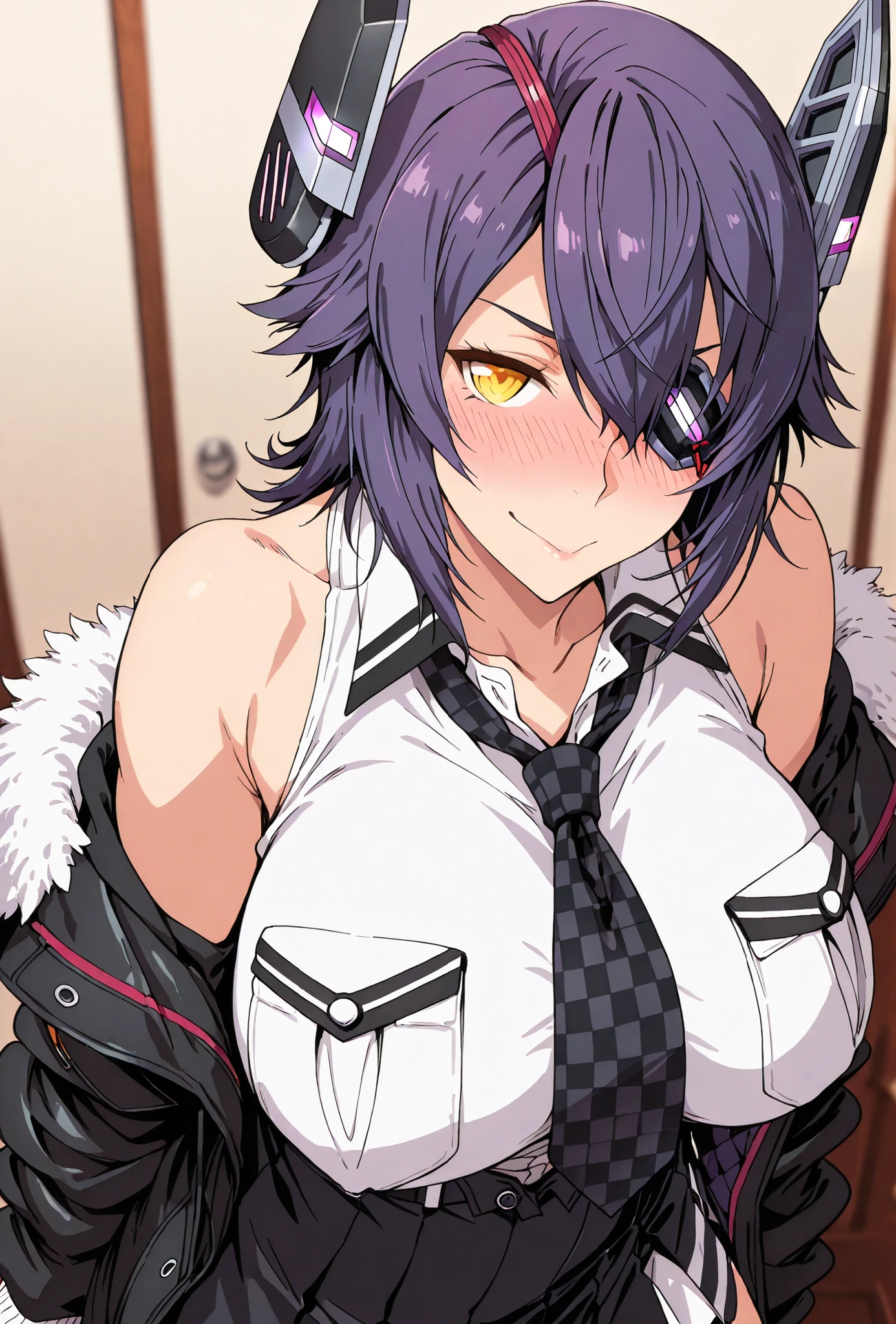 Tenryuu kai ni  \(kancolle\), , score_9, score_8_up, score_7_up, source_anime, top quality, (seductive, blush), , Official Art, viewers, masterpiece, ultra-HD, high detail, depth of field, top quality, 8k, top quality, ergonomic,Official Art, 1 girl,solo, anime keyvisual, slender, Sessyu Style,
white fur-trimmed black jacket, collared white shirt, sleeveless, checkered necktie, black skirt, eyepatch, mechanical headgear,, , , 
,
,
