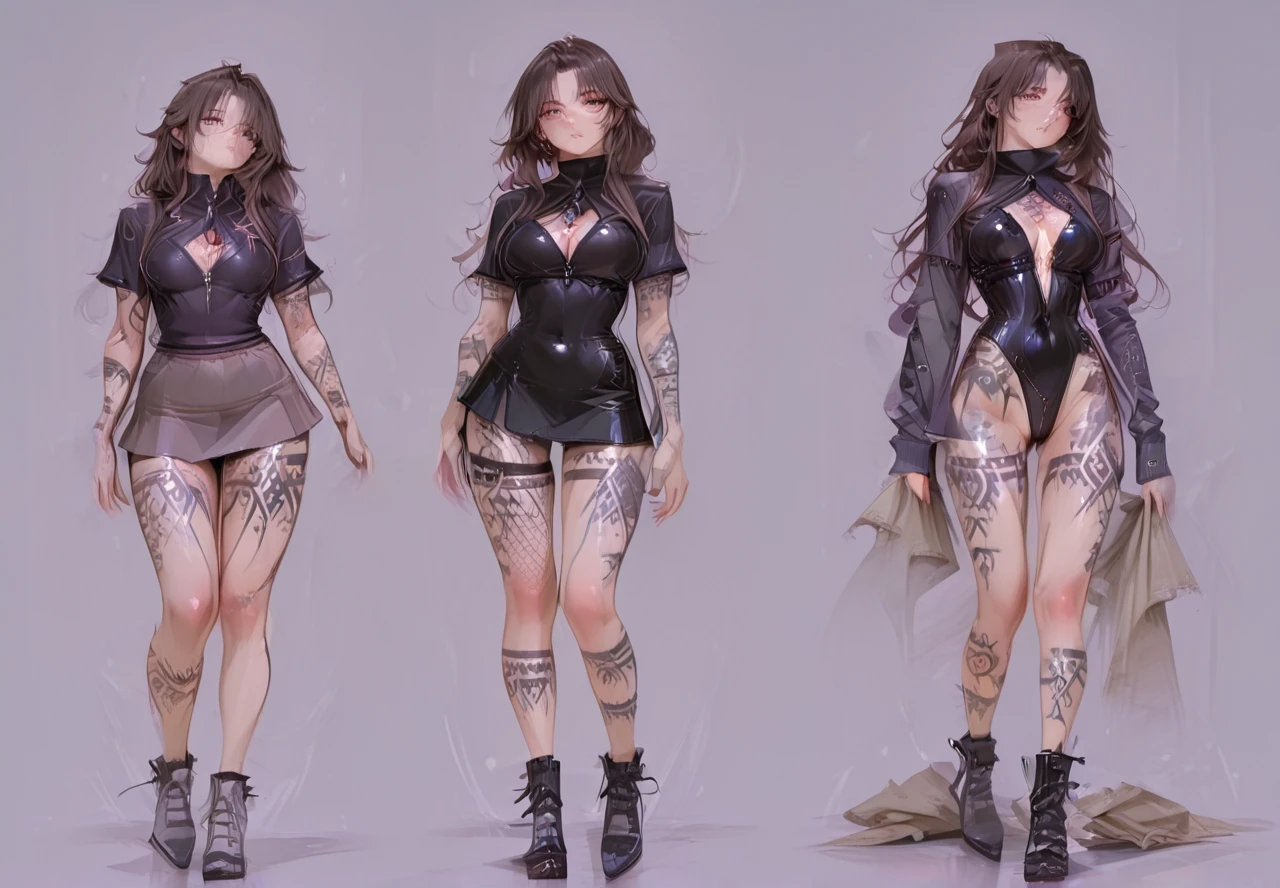 characterDesignSheetQuiron,  character design sheet  multiple views  of A pretty girl becomes possessed by a malevolent spirit, causing her appearance to change dramatically as she becomes a vessel for evil  ,  <lora:CharacterDesignSheetQuiron_FLUX:1.3>