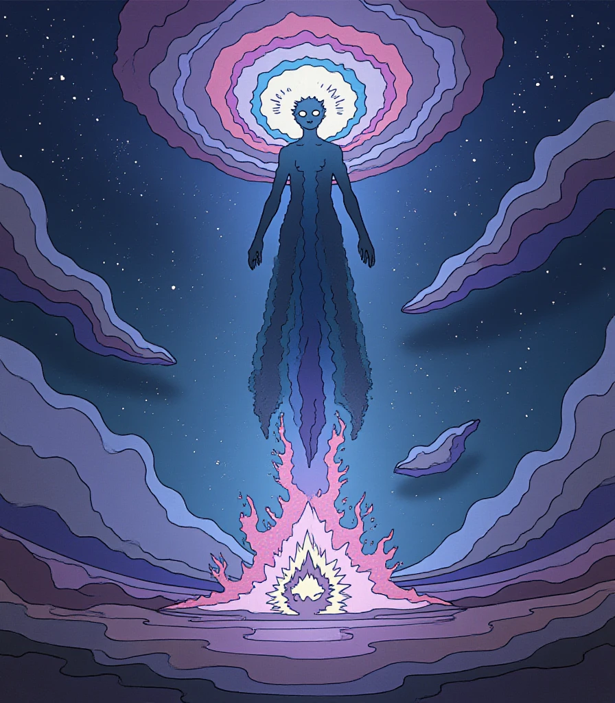 In style of Moebius. A celestial being floats through a cosmic landscape, surrounded by swirling galaxies and otherworldly creatures.