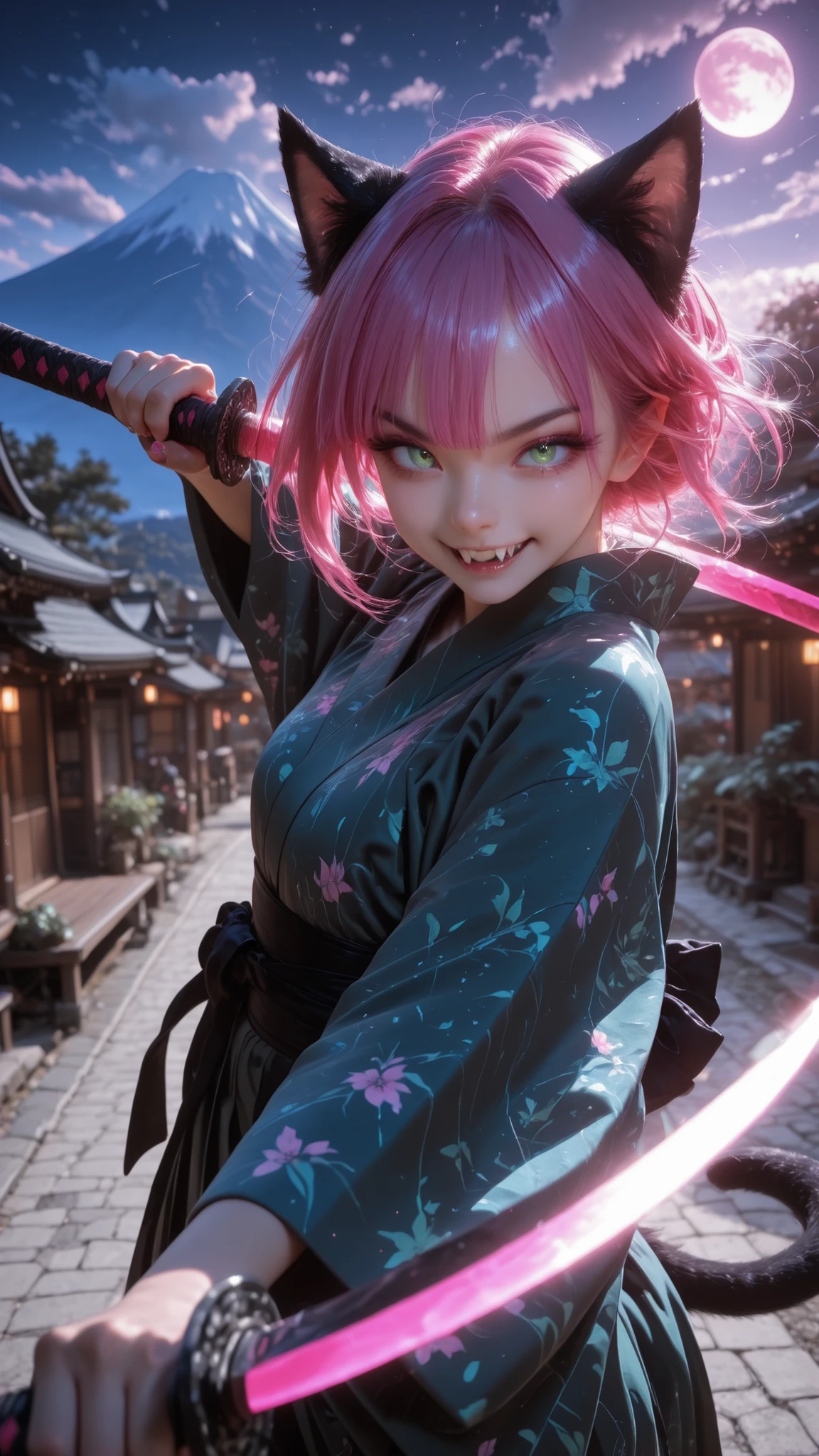 action pose, dynamic pose, Dynamic action, dynamic angles, dynamic perspective, dynamic color, dynamic light, holding weapon,SFW, perfect anatomy, fine trait, best quality, ultra detailed, 1girl (kimono neko girl), cat tail, smile with fangs, claws, pink hair,, green cat eyes, dynamic pose, in night japan village in background, mount Fuji, moon and clouds, very detailed.
