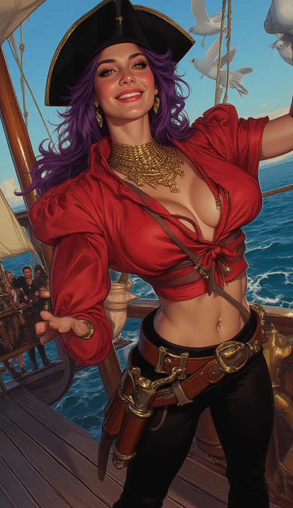 One woman, red hair, pirate clothes, pirate hat, make-up, tattoo, piercings, sweating, , ripped clothes, wet ,