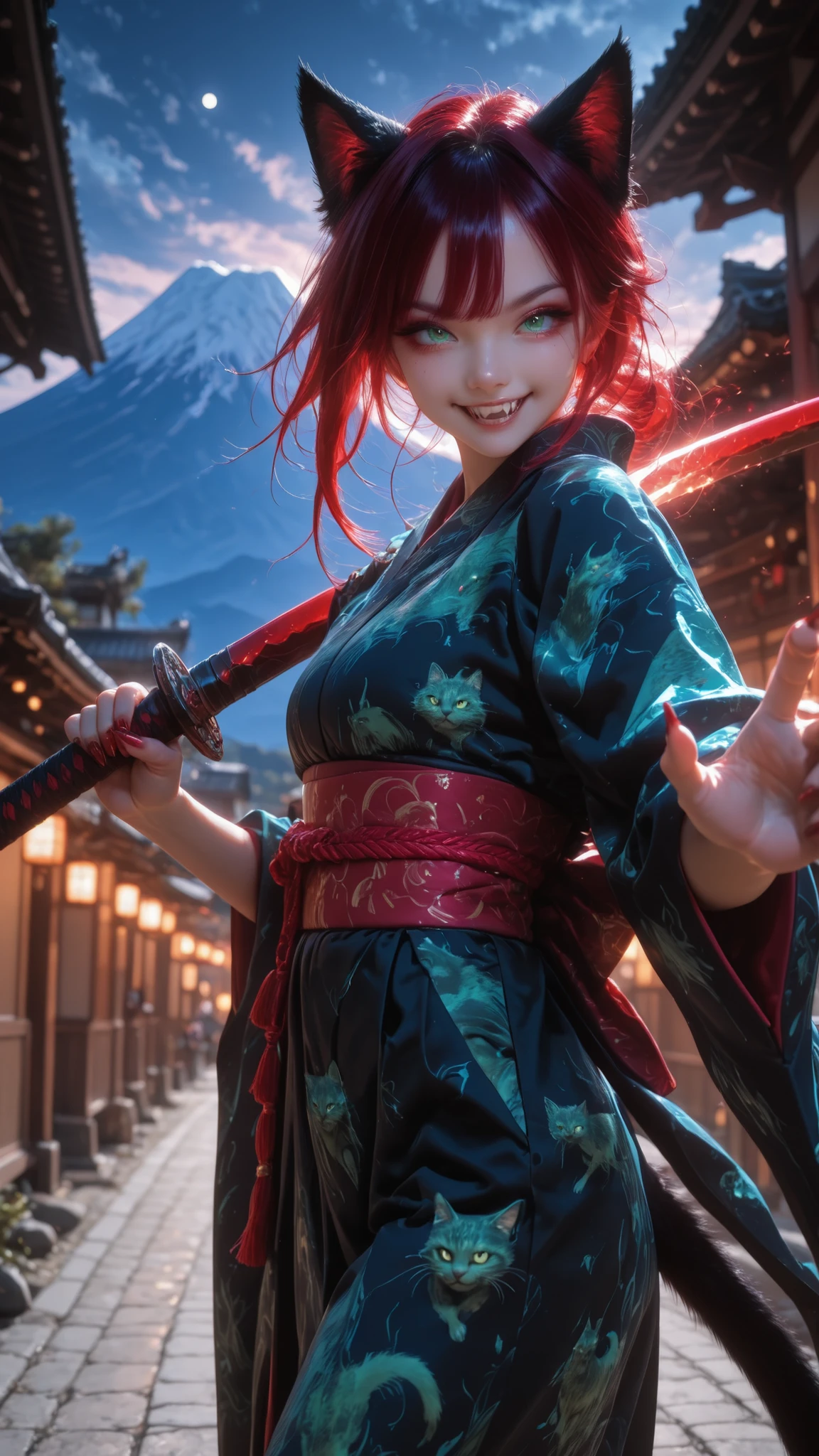 action pose, dynamic pose, Dynamic action, dynamic angles, dynamic perspective, dynamic color, dynamic light, holding weapon,SFW, perfect anatomy, fine trait, best quality, ultra detailed, 1girl (kimono neko woman), cat tail, smile with fangs, claws, darkred hair,, green cat eyes, dynamic pose, in night japan village in background, mount Fuji, moon and clouds, very detailed.