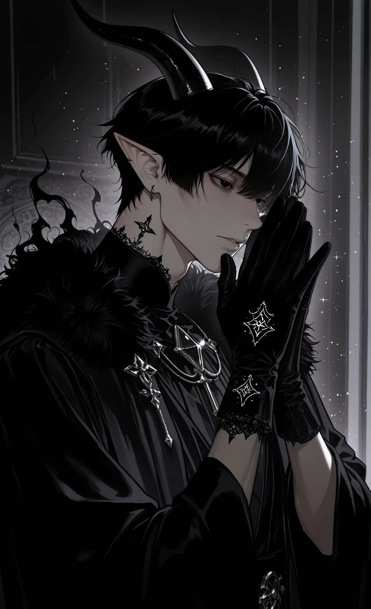 (masterpiece, best quality, ultra-detailed, absurdres), cinematic shot, atmospheric,
1male, male focus, solo, (masculine features:1.3), (sharp jawline), (male physique),
(mysterious aura), (jet-black hair), (piercing black eyes), (black dragon horns), (elf ears), (black scales on neck),
(elegant black velvet gloves:1.4), (gloves emitting faint magical glow),
(touching gloves with tentative gesture), (sparkles and energy swirling around hands),
(looking intently at his gloved hands), pensive expression,
dimly lit room, (dramatic shadows), (velvet drapes), mysterious atmosphere,
(magical particles), (runes shimmering on gloves), (whispering shadows)