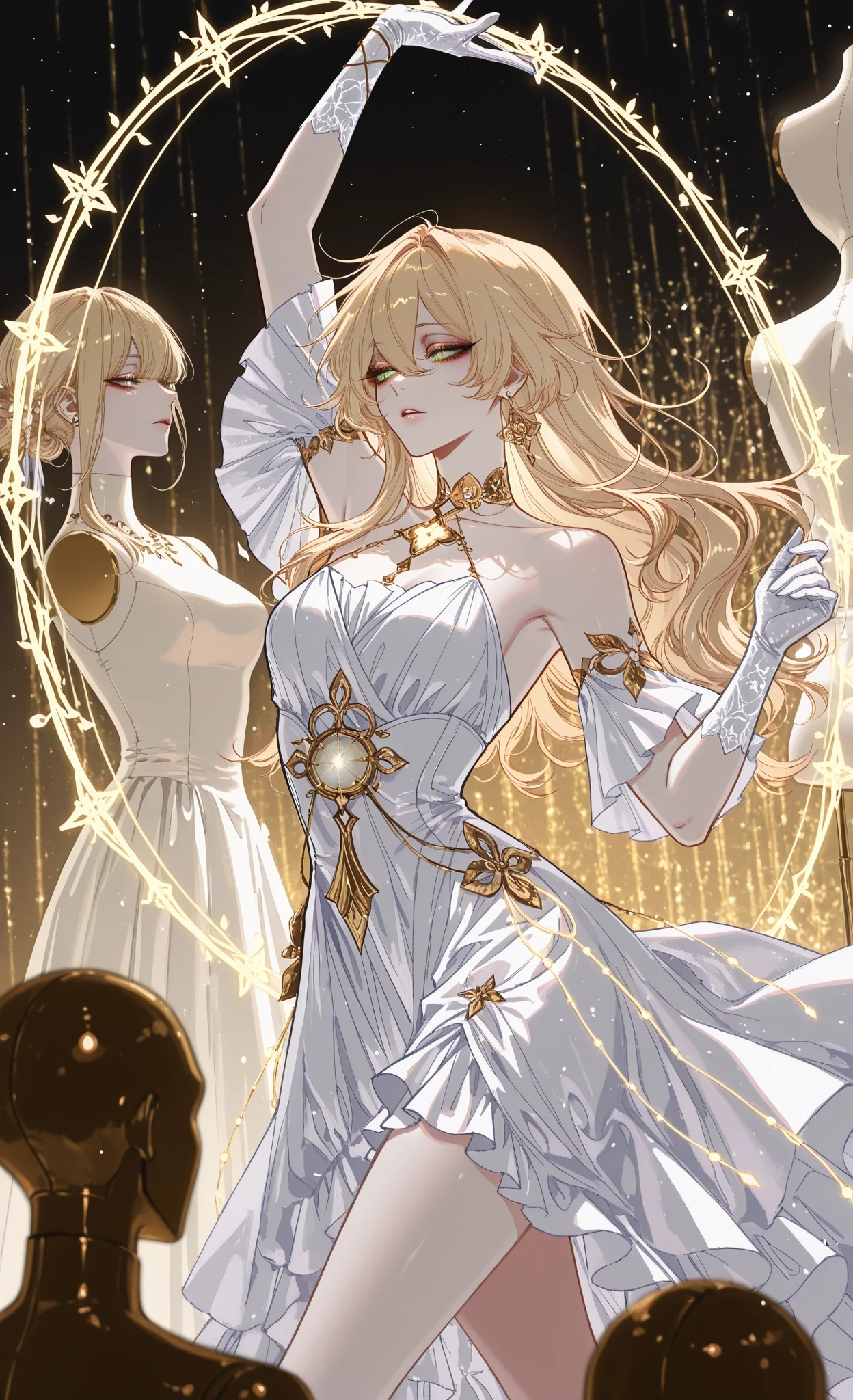 (masterpiece, best quality, ultra-detailed, absurdres, intricate details, sharp focus), dark, bright, shadows, hotatenshi, sheya, noriuma, bombyoon, shine, nama udon, catsubun kkst0904, rikuwo, huangdanlan, jane mere, otonoha aika,
1girl, solo, aglaea\(honkai: star rail\), blonde hair, green eyes, white dress, white arm jewelry, white velvet gloves, gold jewelry, (threads), (golden threads, glowing threads), (mannequin), no head \(mannequin\), white dress on mannequin, dancing, dynamic pose, elegant, gold filigree background, chromatic aberration, film grain, light particles, cinematic lighting