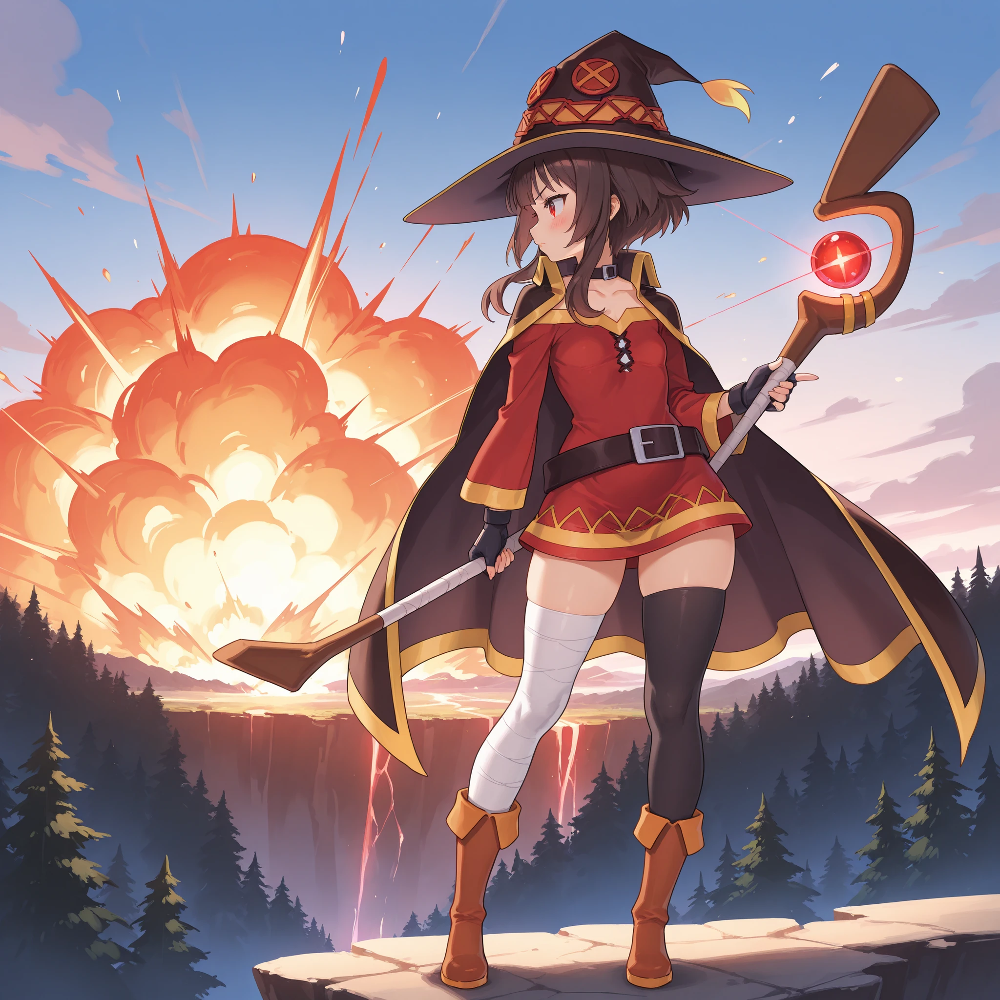 masterpiece, ultra-HD, impressionism, high detail, best quality, very aesthetic, 8K, best quality, beautiful, ultra-high resolution, 32K UHD, sharp focus, 1girl, solo, Megumin-Liver020, short brown hair, middle bangs, long locks, red eyes, eyelashes, pink lips, tiny , narrow waist, wide , thick thighs, shapely legs, slim, petite, red short dress, off-shoulder dress, black cape, black witch hat, fingerless gloves, black choker, black thigh high sock, single sock, bandaged leg, belt, brown boots, blush, serious, cute, holding a magic staff, standing, full body, cliff, forest background, profile view, aura, glowing eyes, magical aura, magic spell, explosion, magic runes, spell, explosion, epic, dynamic perspective