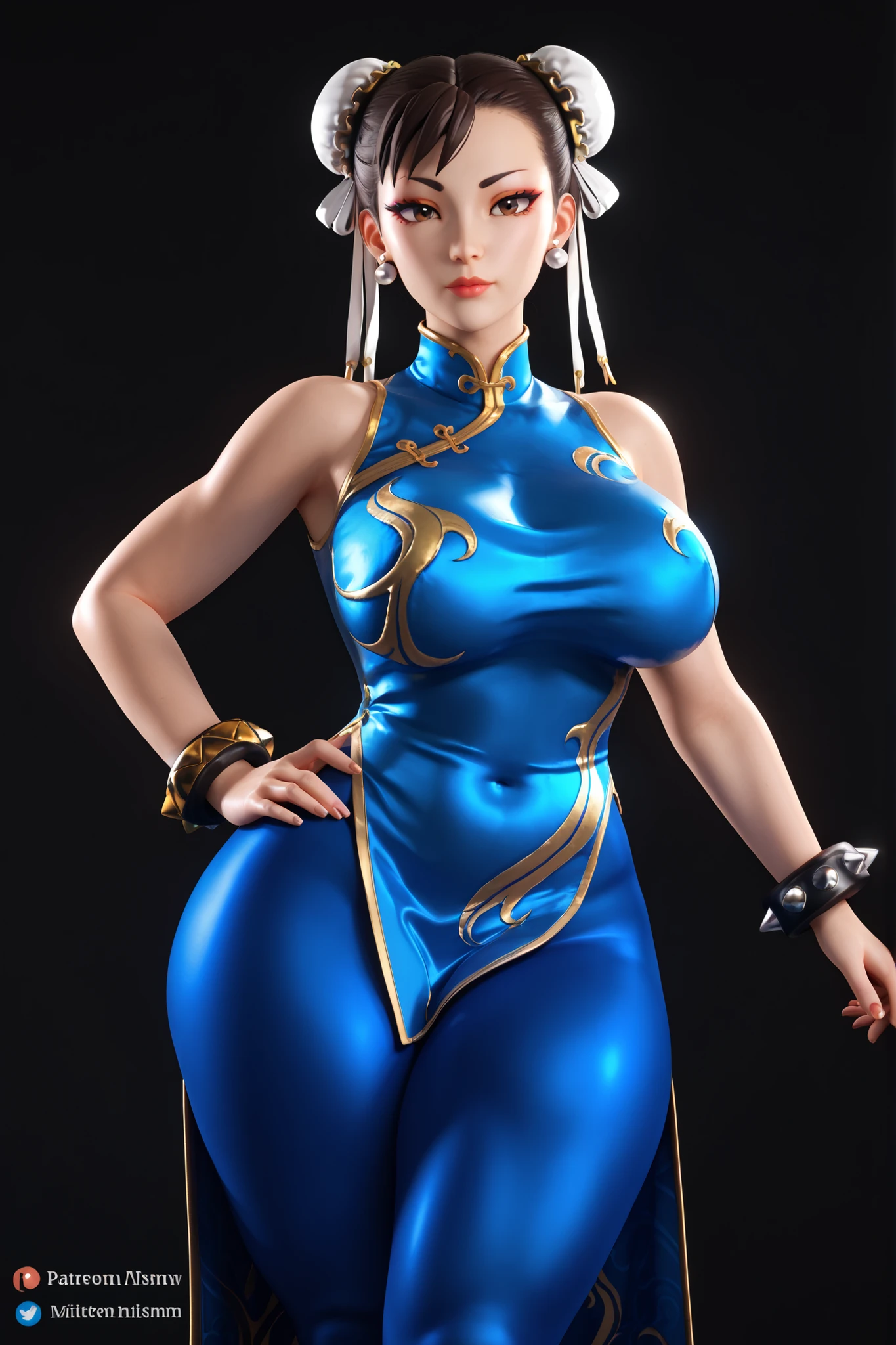 Chun Li, pony_negativeV2,score_9, score_8_up, score_7_up, (masterpiece), (rating_questionable), (detailed), (highres), (perfect face), high quality eyes, 3d, blender style, migplatiniumv4, BREAK 1girl, solo, hair bun, double bun, brown hair, brown eyes, earrings, makeup, collarbone, breasts, huge breasts, huge ass, navel, thighs, thick thighs, (Chun Li hair, hair ribbon, SF6 dress, china dress, sf6 bracelet, leggings, blue leggings), (black background), View from behind, sexy expresion, dark
