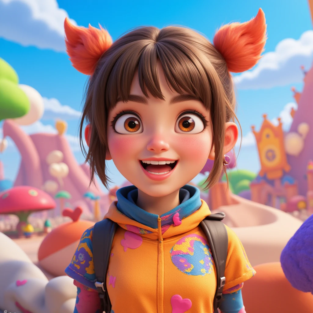 An orange skinned girl, wearing a purple sleeveless power suit. Her eyeballs are bright green, glowing and without pupils inside. She has orange long and wavy hair, an hairbang and she is . She flyes in the sky. Beautiful detailed face