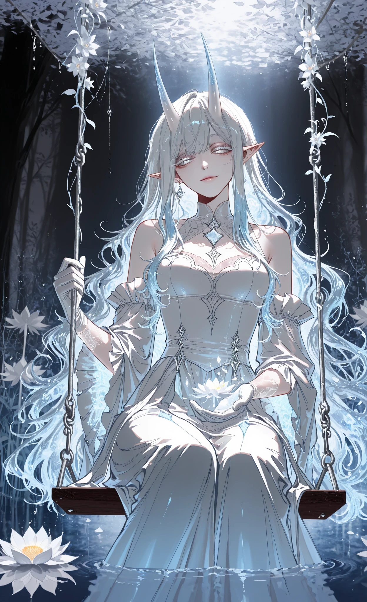 (masterpiece, best quality, ultra-detailed, high detail, 8k, sharp focus), detailed, dark, bright, shadows, hotatenshi, sheya, noriuma, bombyoon, shine, nama udon, catsubun kkst0904, rikuwo, huangdanlan, jane mere, otonoha aika, 1 girl, solo, medium height, medium chest,oni horns, gradient on hair, blue hair, white hair, white eyes, colored eyelashes, white eyelashes, white eyebrows, long hair, liquid hair,patterned wavy long hair,dark cyanide hair, white eye, heterochromia, blue eye,accessories,elf ears,translucent forearms, white gloves, forearm trait,fluffy hair,unkempt bangs,split light sleeve,magic,swing above water,sits beautifully,wide,water from below,bright water lilies in water,lips pressed together,soft smile, flowers on trees,hand reaching water lilies,shining,water glitters,((pale blue and white theme)),magic all around, dark background tones