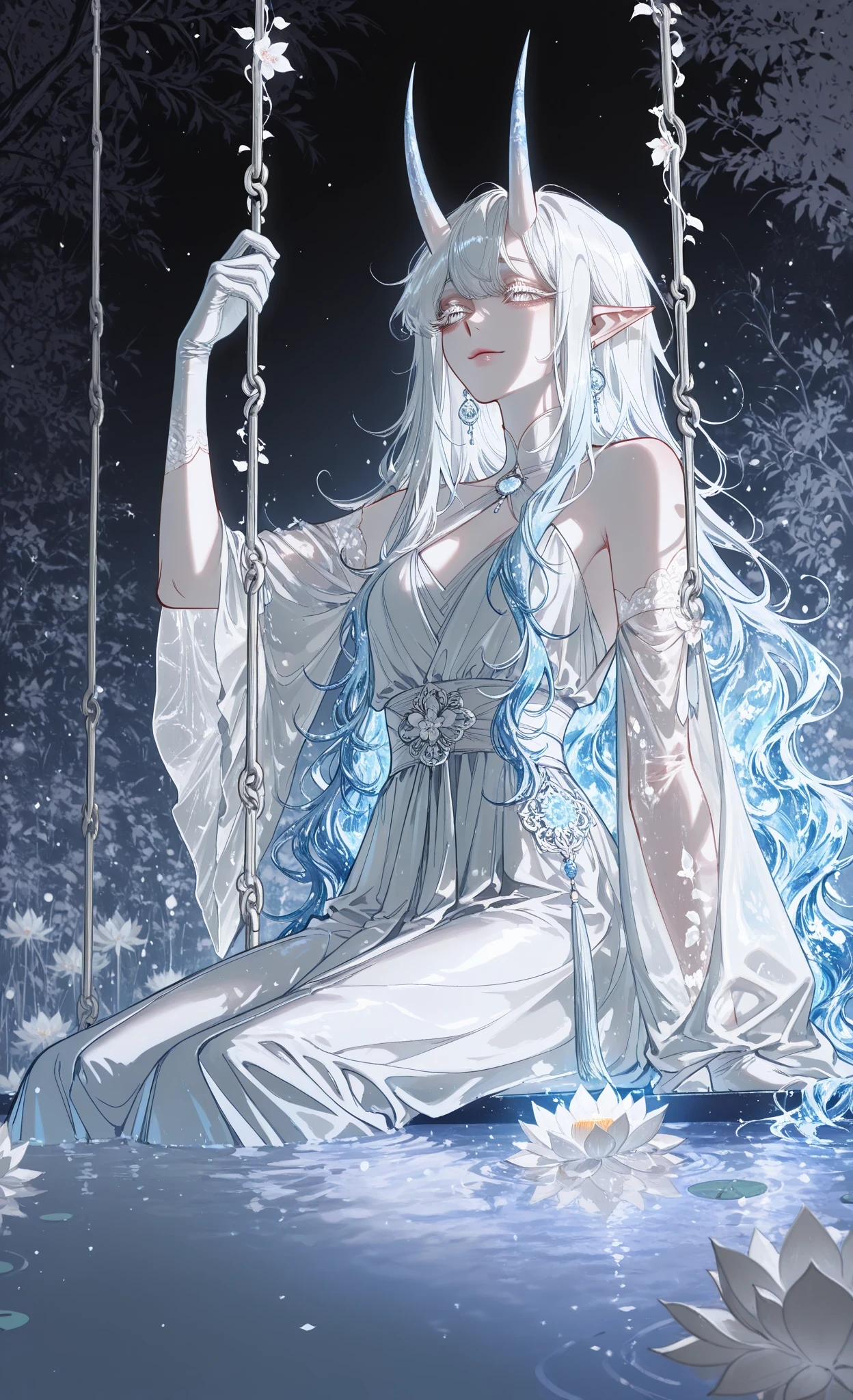 (masterpiece, best quality, ultra-detailed, high detail, 8k, sharp focus), detailed, dark, bright, shadows, hotatenshi, sheya, noriuma, bombyoon, shine, nama udon, catsubun kkst0904, rikuwo, huangdanlan, jane mere, otonoha aika, 1 girl, solo, medium height, medium chest,oni horns, gradient on hair, blue hair, white hair, white eyes, colored eyelashes, white eyelashes, white eyebrows, long hair, liquid hair,patterned wavy long hair,dark cyanide hair, white eye, heterochromia, blue eye,accessories,elf ears,translucent forearms, white gloves, forearm trait,fluffy hair,unkempt bangs,split light sleeve,magic,swing above water,sits beautifully,wide,water from below,bright water lilies in water,lips pressed together,soft smile, flowers on trees,hand reaching water lilies,shining,water glitters,((pale blue and white theme)),magic all around, dark background tones