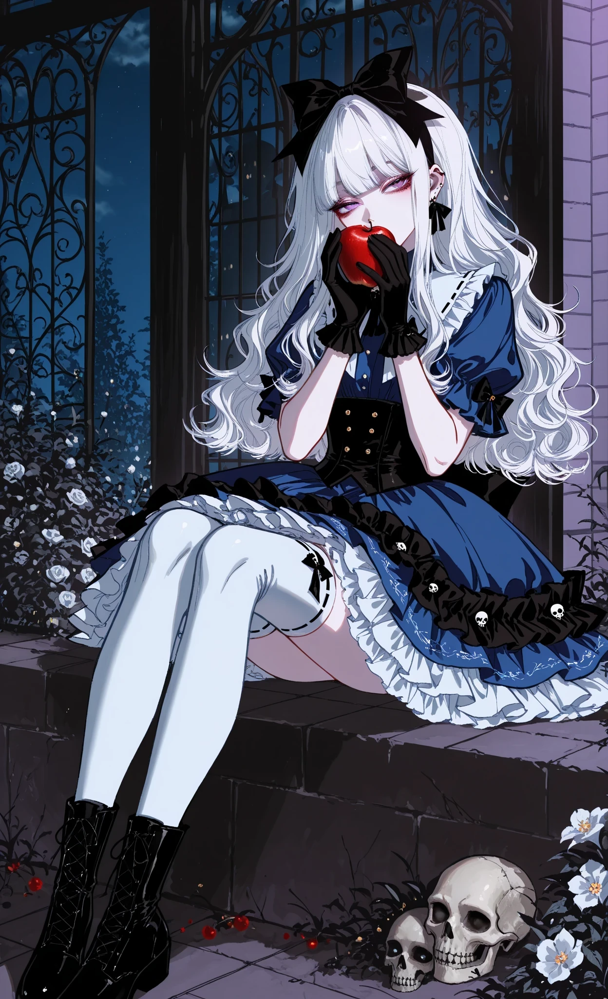 (masterpiece, best quality, ultra-detailed, high detail, 8k, sharp focus), detailed, dark, bright, shadows, hotatenshi, sheya, noriuma, bombyoon, shine, nama udon, catsubun kkst0904, rikuwo, huangdanlan, jane mere, otonoha aika, 1girl, apple, black bow, black gloves, blue dress, blunt bangs, boots, bow, buttons, covered mouth, covering own mouth, dress, eating, flower, food, frilled dress, frilled gloves, frills, fruit, gloves, hair bow, head tilt, holding, holding food, holding fruit, lolita fashion, long hair, looking at viewer, night, outdoors, petticoat, plant, puffy short sleeves, puffy sleeves, purple eyes, ribbon, ribbon trim, short sleeves, sitting, skull, sky, thighhighs, wavy hair, white hair, white thighhighs