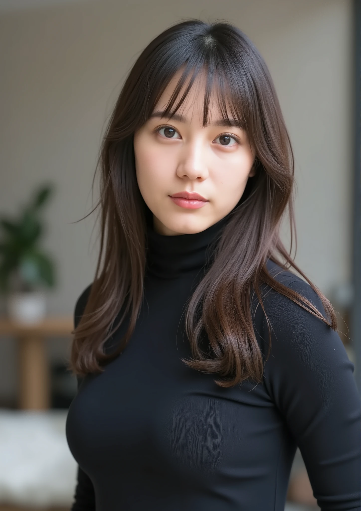 masterpiece, top quality, Wear a fitted turtleneck dress、very stylish woman、With the hall in the background、sexy girl、look back、big  against the backdrop of a sophisticated office