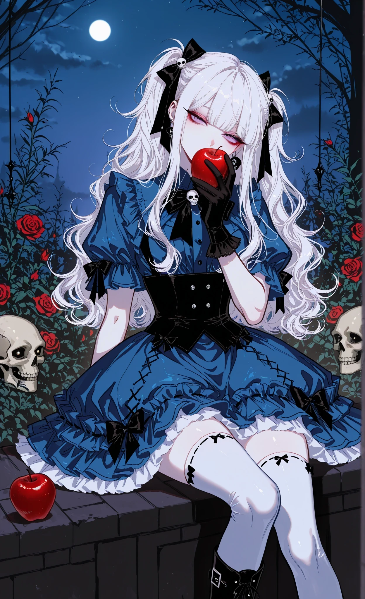 (masterpiece, best quality, ultra-detailed, high detail, 8k, sharp focus), detailed, dark, bright, shadows, hotatenshi, sheya, noriuma, bombyoon, shine, nama udon, catsubun kkst0904, rikuwo, huangdanlan, jane mere, otonoha aika, 1girl, apple, black bow, black gloves, blue dress, blunt bangs, boots, bow, buttons, covered mouth, covering own mouth, dress, eating, flower, food, frilled dress, frilled gloves, frills, fruit, gloves, hair bow, head tilt, holding, holding food, holding fruit, lolita fashion, long hair, looking at viewer, night, outdoors, petticoat, plant, puffy short sleeves, puffy sleeves, purple eyes, ribbon, ribbon trim, short sleeves, sitting, skull, sky, thighhighs, wavy hair, white hair, white thighhighs