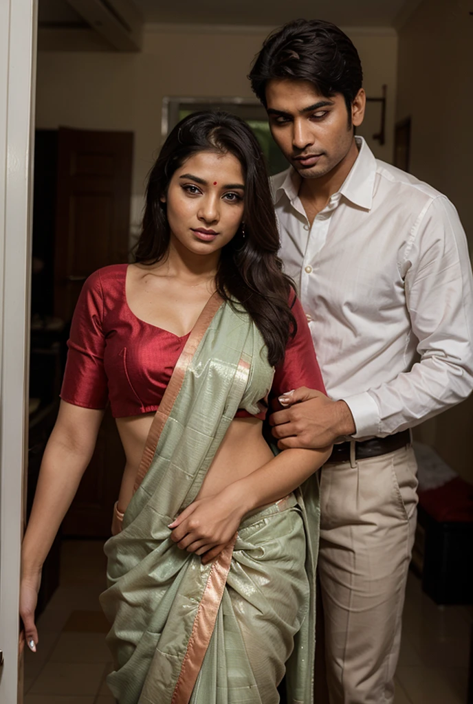 A indian girl in saree  by father in her marriage 