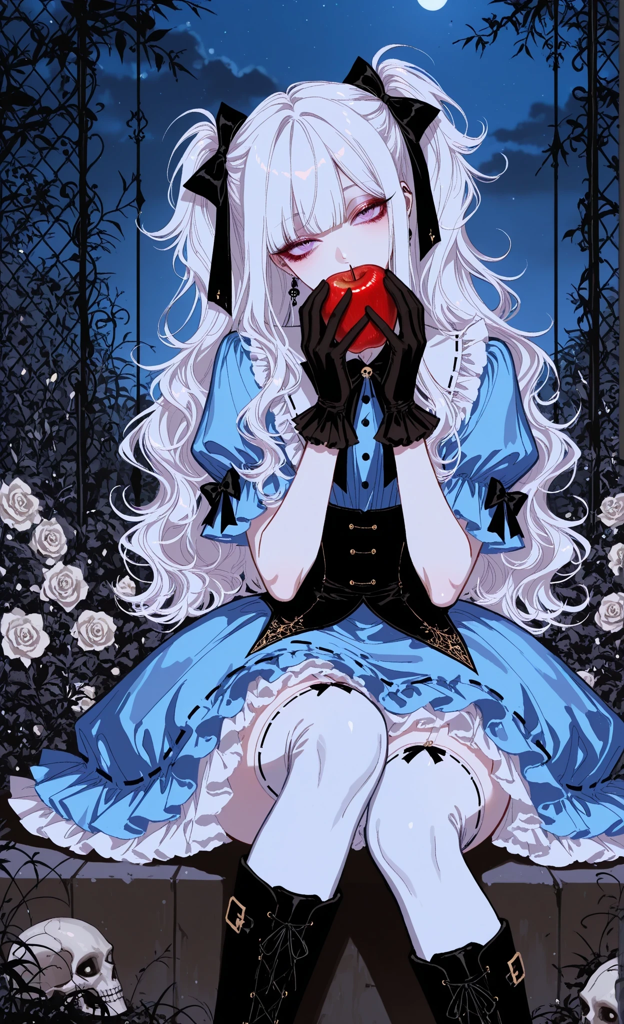 (masterpiece, best quality, ultra-detailed, high detail, 8k, sharp focus), detailed, dark, bright, shadows, hotatenshi, sheya, noriuma, bombyoon, shine, nama udon, catsubun kkst0904, rikuwo, huangdanlan, jane mere, otonoha aika, 1girl, apple, black bow, black gloves, blue dress, blunt bangs, boots, bow, buttons, covered mouth, covering own mouth, dress, eating, flower, food, frilled dress, frilled gloves, frills, fruit, gloves, hair bow, head tilt, holding, holding food, holding fruit, lolita fashion, long hair, looking at viewer, night, outdoors, petticoat, plant, puffy short sleeves, puffy sleeves, purple eyes, ribbon, ribbon trim, short sleeves, sitting, skull, sky, thighhighs, wavy hair, white hair, white thighhighs