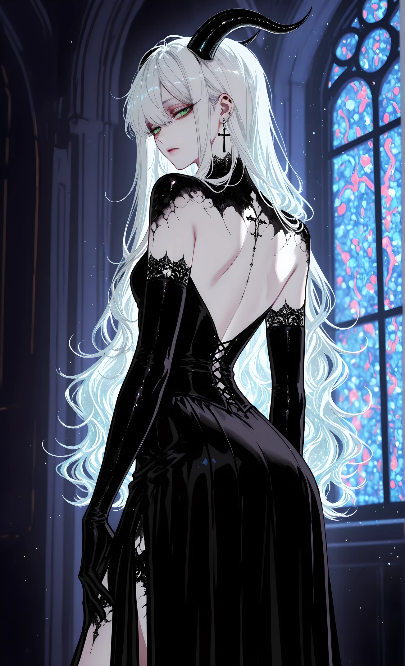 (masterpiece, best quality, ultra-detailed, high detail, 8k, sharp focus), detailed, dark, bright, shadows, hotatenshi, sheya, noriuma, bombyoon, shine, nama udon, catsubun kkst0904, rikuwo, huangdanlan, jane mere, otonoha aika, 1girl, solo, (long flowing white hair), (glossy green dragon horns), luminous green eyes, slim, cowboy shot, looking back at viewer, from behind, (form-fitting black dress with knee-length skirt:1.3), (black velvet elbow-length gloves:1.2), (delicate scales on lower back and shoulders), (iridescent skin texture), black nails, cross earrings, indoors, window, backlighting, light particles, blurry background, sfw, intricate details, detailed background