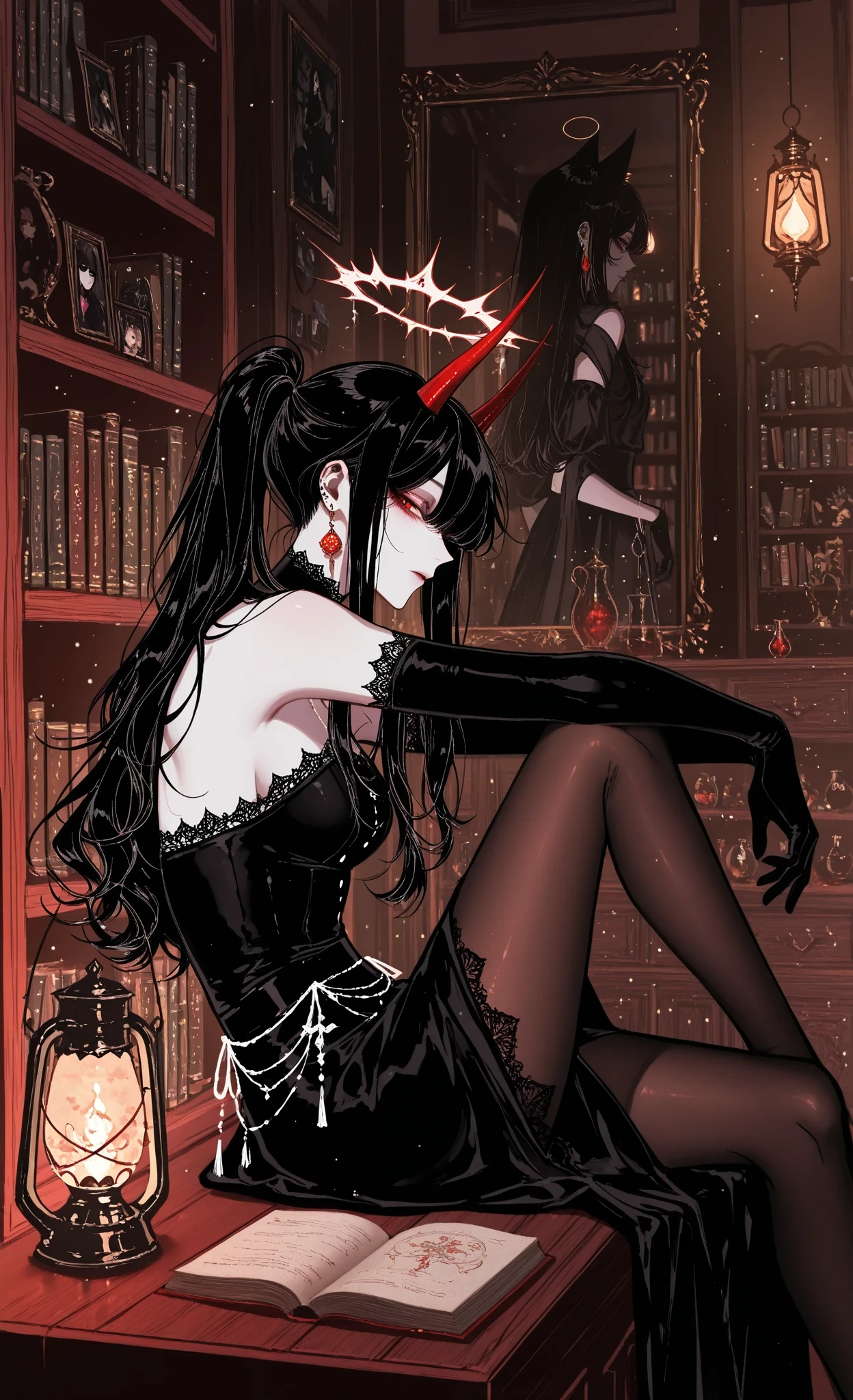 (masterpiece, best quality, ultra-detailed, absurdres, intricate details, sharp focus), dark, bright, shadows, hotatenshi, sheya, noriuma, bombyoon, shine, nama udon, catsubun kkst0904, rikuwo, huangdanlan, jane mere, otonoha aika,
1girl, animal ears, bare shoulders, black hair, book, bookshelf, earrings, elbow gloves, gloves, halo, horns, indoors, jar, jewelry, knee up, lamp, lantern, library, light particles, long hair, looking at viewer, mirror, pantyhose, picture frame, ponytail, profile, shelf, silk, sitting, solo