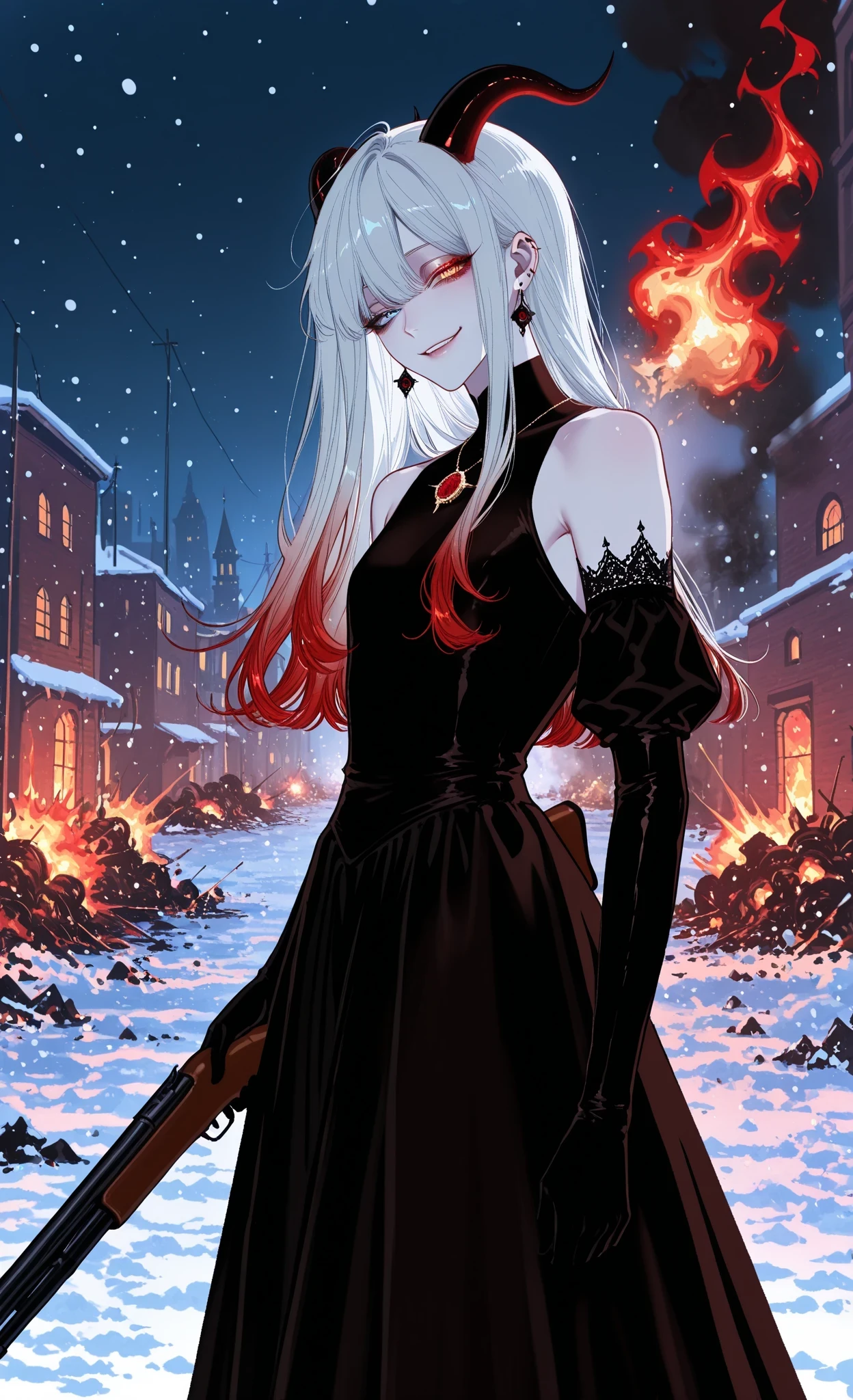 (masterpiece, best quality, ultra-detailed, absurdres, intricate details, sharp focus), dark, bright, shadows, hotatenshi, sheya, noriuma, bombyoon, shine, nama udon, catsubun kkst0904, rikuwo, huangdanlan, jane mere, otonoha aika, 1girl, solo, looking at viewer, (snow-white long hair with red tips:1.3), heterochromia eyes (one soft blue, one red:1.5), (cunning smile), (knowing expression), demon black horns:1.3, slender figure, small chest, standing, side view, (elegant pose), wearing (form-fitting black dress), (black velvet elbow-length gloves:1.4), necklace, on the street, city, war, night, (burning buildings, fire, smoke, fiery sparks, destruction, ashes), dark lighting, holding a long-barreled shotgun, explosion, active