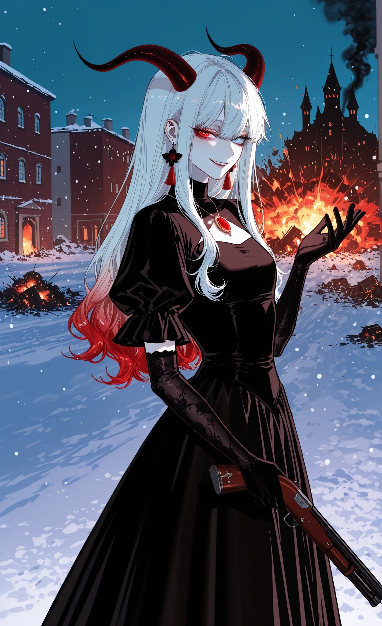 (masterpiece, best quality, ultra-detailed, absurdres, intricate details, sharp focus), dark, bright, shadows, hotatenshi, sheya, noriuma, bombyoon, shine, nama udon, catsubun kkst0904, rikuwo, huangdanlan, jane mere, otonoha aika, 1girl, solo, looking at viewer, (snow-white long hair with red tips:1.3), heterochromia eyes (one soft blue, one red:1.5), (cunning smile), (knowing expression), demon black horns:1.3, slender figure, small chest, standing, side view, (elegant pose), wearing (form-fitting black dress), (black velvet elbow-length gloves:1.4), necklace, on the street, city, war, night, (burning buildings, fire, smoke, fiery sparks, destruction, ashes), dark lighting, holding a long-barreled shotgun, explosion, active