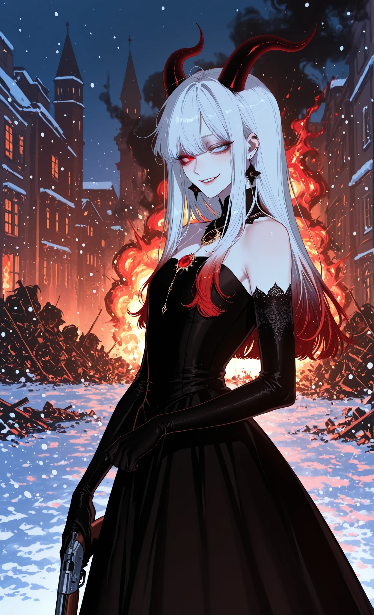 (masterpiece, best quality, ultra-detailed, absurdres, intricate details, sharp focus), dark, bright, shadows, hotatenshi, sheya, noriuma, bombyoon, shine, nama udon, catsubun kkst0904, rikuwo, huangdanlan, jane mere, otonoha aika, 1girl, solo, looking at viewer, (snow-white long hair with red tips:1.3), heterochromia eyes (one soft blue, one red:1.5), (cunning smile), (knowing expression), demon black horns:1.3, slender figure, small chest, standing, side view, (elegant pose), wearing (form-fitting black dress), (black velvet elbow-length gloves:1.4), necklace, on the street, city, war, night, (burning buildings, fire, smoke, fiery sparks, destruction, ashes), dark lighting, holding a long-barreled shotgun, explosion, active