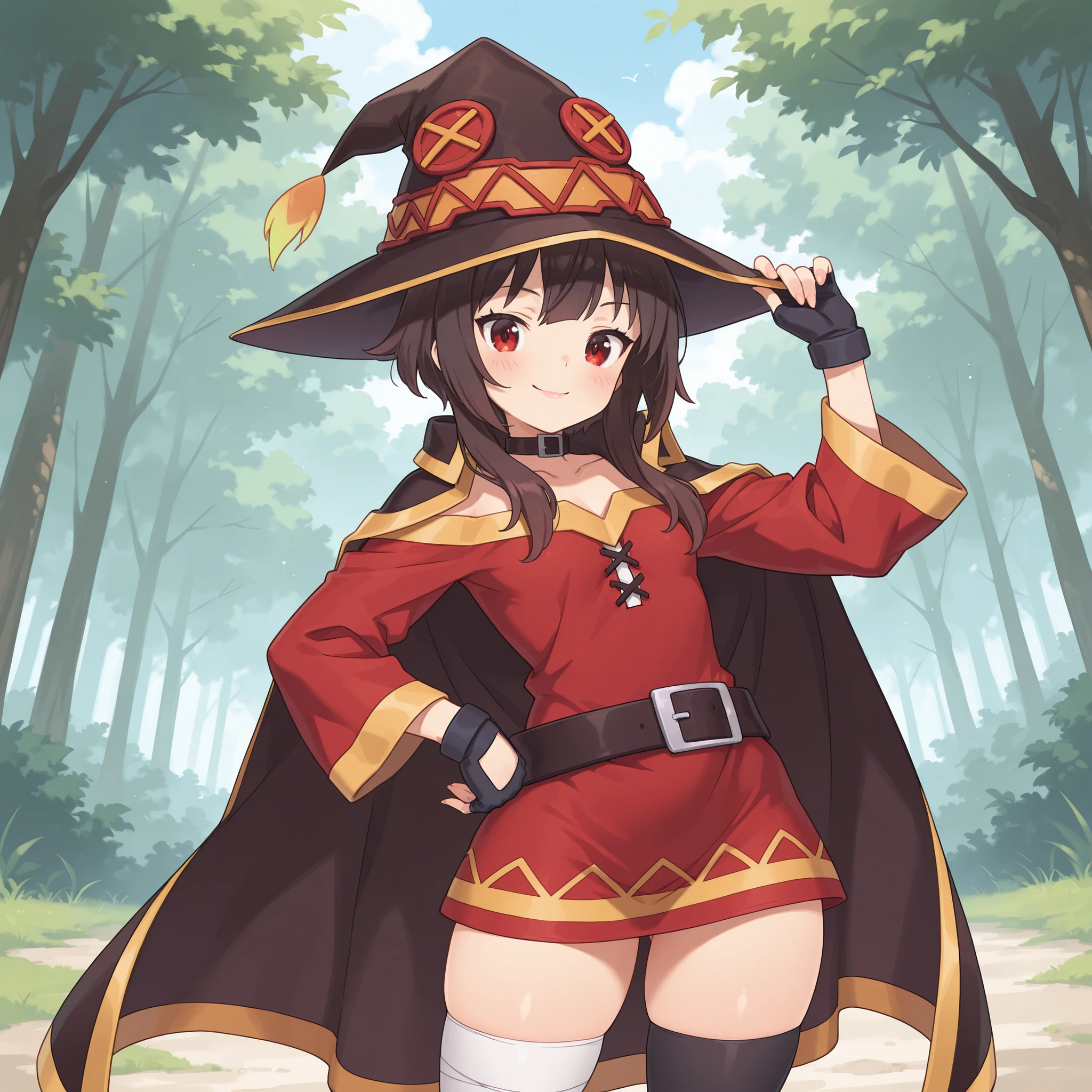 masterpiece, ultra-HD, impressionism, high detail, best quality, very aesthetic, 8K, best quality, beautiful, ultra-high resolution, 32K UHD, sharp focus, 1girl, solo, Megumin-Liver020, short brown hair, middle bangs, long locks, red eyes, eyelashes, pink lips, tiny , narrow waist, wide , thick thighs, shapely legs, slim, petite, red short dress, off-shoulder dress, black cape, black witch hat, fingerless gloves, black choker, black thigh high sock, single sock, bandaged leg, belt, blush, smile, cute, hand on , hand on hat, standing, looking at the viewer, forest background, front view