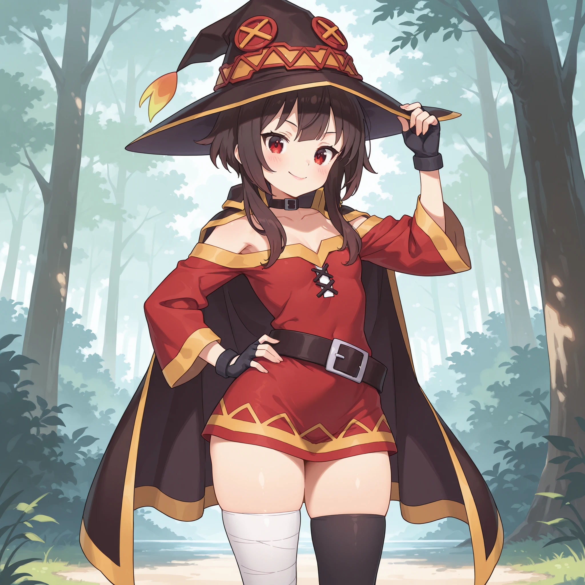 masterpiece, ultra-HD, impressionism, high detail, best quality, very aesthetic, 8K, best quality, beautiful, ultra-high resolution, 32K UHD, sharp focus, 1girl, solo, Megumin-Liver020, short brown hair, middle bangs, long locks, red eyes, eyelashes, pink lips, tiny , narrow waist, wide , thick thighs, shapely legs, slim, petite, red short dress, off-shoulder dress, black cape, black witch hat, fingerless gloves, black choker, black thigh high sock, single sock, bandaged leg, belt, blush, smile, cute, hand on , hand on hat, standing, looking at the viewer, forest background, front view
