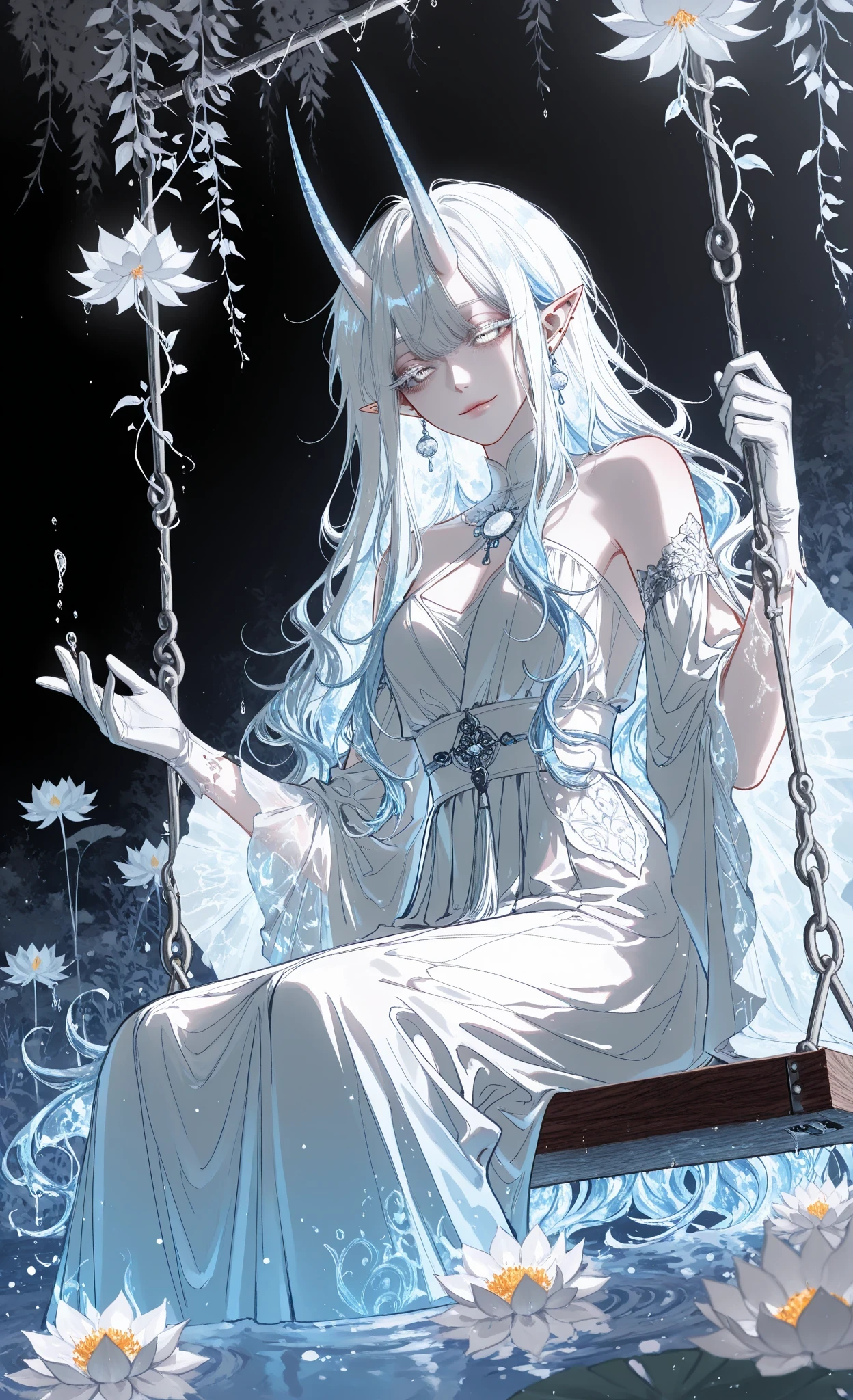 (masterpiece, best quality, ultra-detailed, high detail, 8k, sharp focus), detailed, dark, bright, shadows, hotatenshi, sheya, noriuma, bombyoon, shine, nama udon, catsubun kkst0904, rikuwo, huangdanlan, jane mere, otonoha aika, 1 girl, solo, medium height, medium chest,oni horns, gradient on hair, blue hair, white hair, white eyes, colored eyelashes, white eyelashes, white eyebrows, long hair, liquid hair,patterned wavy long hair,dark cyanide hair, white eye, heterochromia, blue eye,accessories,elf ears,translucent forearms, white gloves, forearm trait,fluffy hair,unkempt bangs,split light sleeve,magic,swing above water,sits beautifully,wide,water from below,bright water lilies in water,lips pressed together,soft smile, flowers on trees,hand reaching water lilies,shining,water glitters,((pale blue and white theme)),magic all around, dark background tones