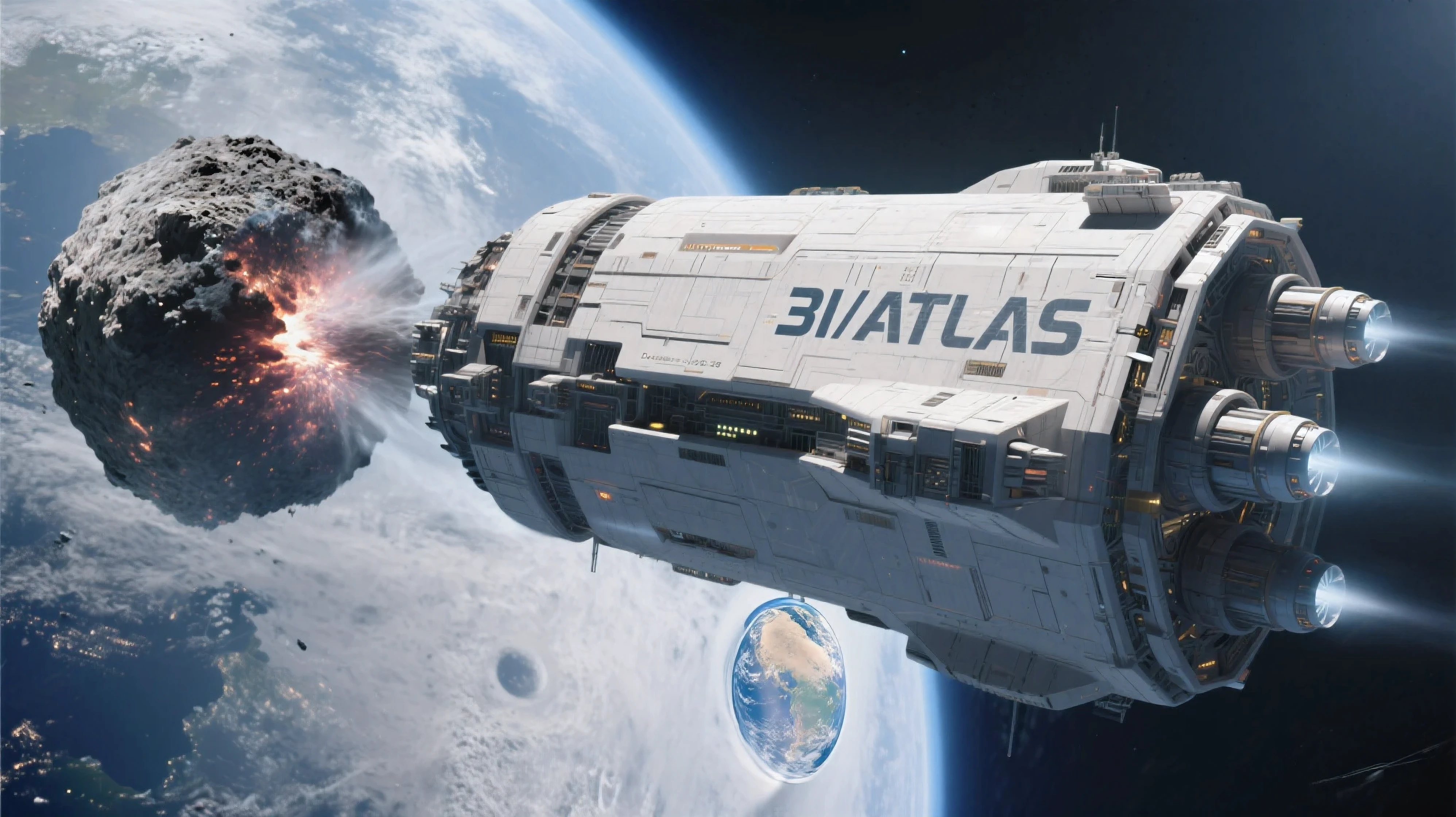 Ultra-realistic, photo-realistic, ultra-detailed, and ultra-textured, physically-based rendering, 3D rendered realism, (8k, best quality, masterpiece:1.2), Masterpiece, realistic lighting, long-range perspective. 3I/ATLAS. It will come closer to Earth than the moon is to Earth on
December 19, 2025. Show the first half of it looking like a common comet, and the last half of it looking like a giant spaceship with jet propulsion and ( 3I/ATLAS ) written on it.