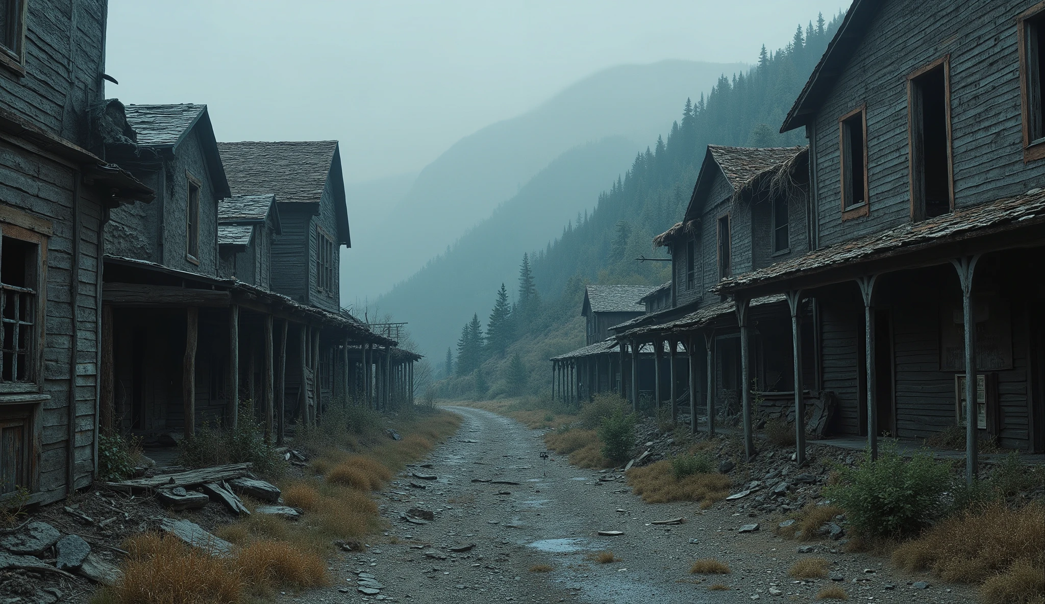 “Abandoned ghost-town buildings hidden in a mountain hollow, windows black and empty, silhouettes of small figures barely visible among structures; eerie atmospheric 8K.”