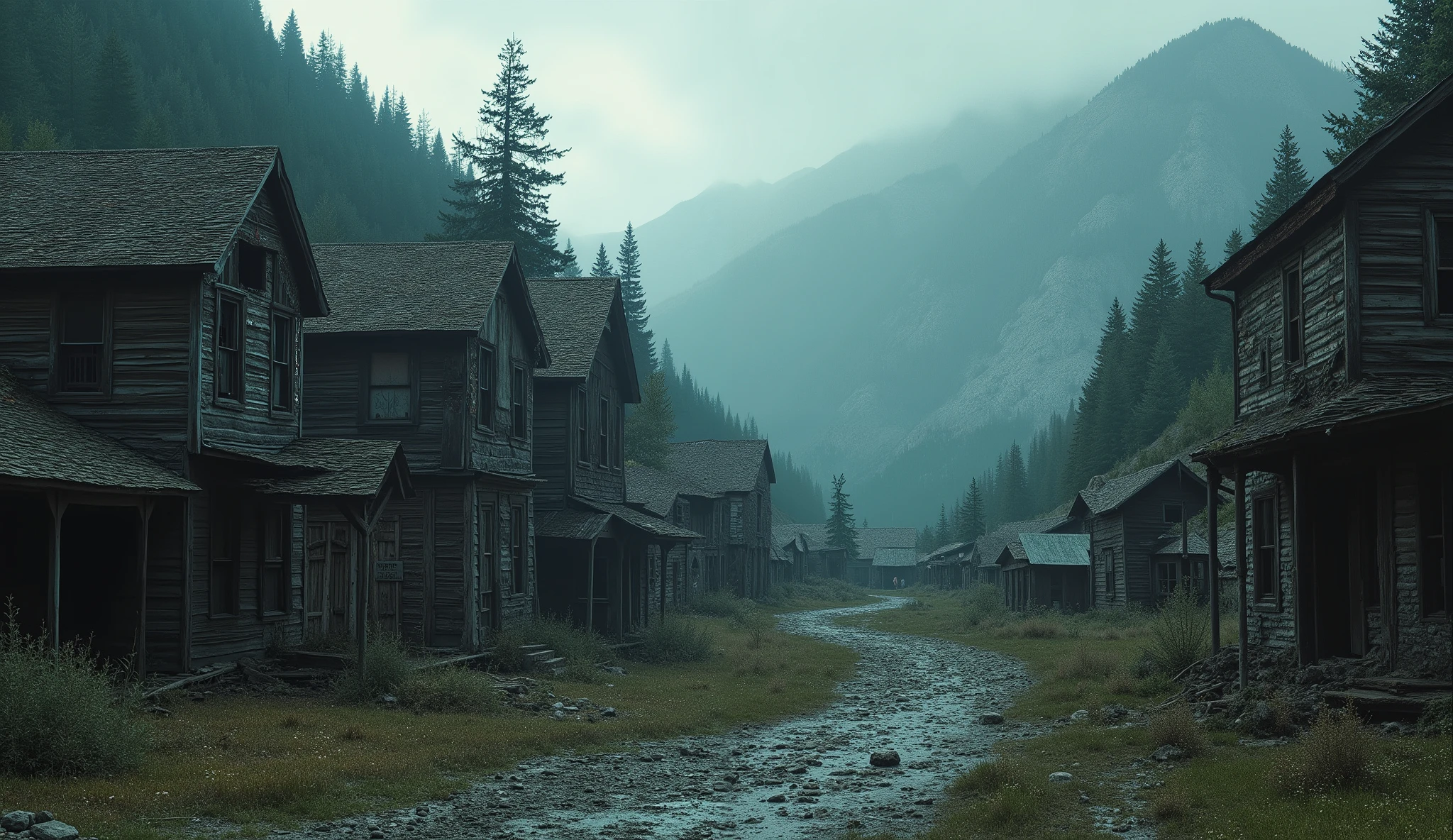 “Abandoned ghost-town buildings hidden in a mountain hollow, windows black and empty, silhouettes of small figures barely visible among structures; eerie atmospheric 8K.”
