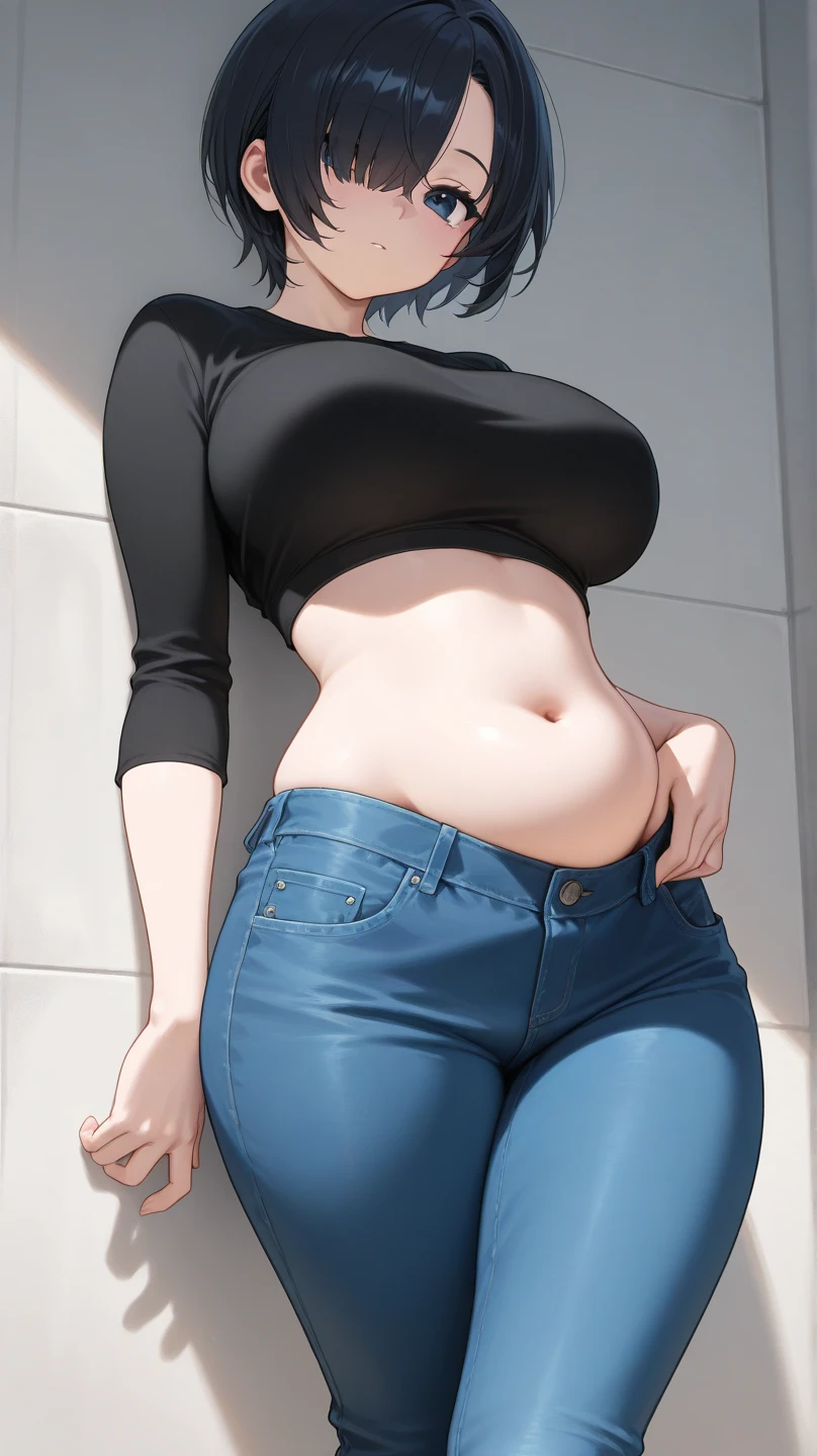 ((Masterpiece)), perfect ???????, perfect shading, field of depth, (best quality), extremely delicate and beautiful, perfect lighting, detailed face, ultra cute face, cute, (cowboy shot 1.2), full body, (((1girl))), ((solo)), looking at viewer,

short hair, fluffy hair, blonde hair, blue eyes, Glasses, ((blush)), shy, embarrassed, (black turtleneck sweater 1.5), (jeans 1.2), belt, extremely tight clothes, ??????????????, ((wide ????)), (((thick thighs))), ((chubby)), chubby belly, fat folds, belly hang,

cafe, intricate background, detailed background, hand on hip, 