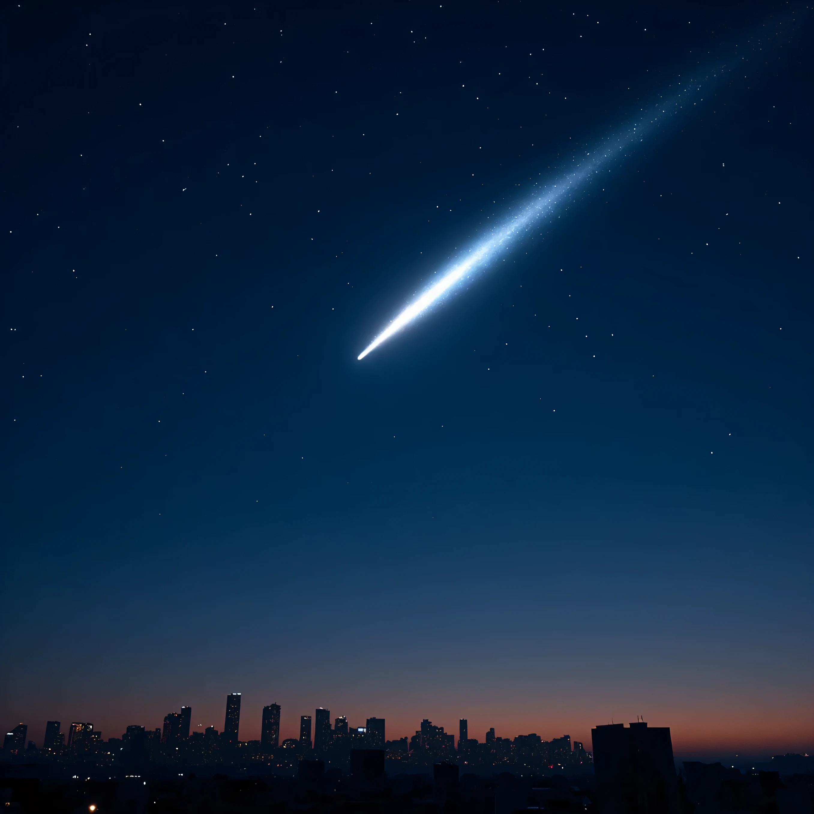 Ultra-realistic, photo-realistic, ultra-detailed, physically-based rendering, 3D rendered realism, UHDR, highres, startling presence, dramatic, impactful, beautiful, a comet is seen in the sky above a city, comet, comets, meteors are falling from the sky, meteor, meteor shower, shooting star in background, shooting star, meteors falling, during a meteor storm, perseides meteor shower, meteors, 4 0 9 6, 🚀🚀🚀, illustration! A shining meteor, on a clear magnificent night sky. A luminous comet streaks across a dark blue night sky, its brilliant white tail extending diagonally from the lower left towards the upper right. The comet's head is intensely bright, gradually diffusing into a softer glow as it stretches across the celestial canvas. Numerous tiny, scattered white stars punctuate the deep blue expanse, appearing as pinpricks of light. Below the starry sky, the horizon transitions into a band of warm, muted orange and brown hues, suggesting either a distant sunset or the glow of artificial lights from below. The overall mood is one of quiet wonder and cosmic grandeur, emphasizing the vastness of space against the earthly boundary.