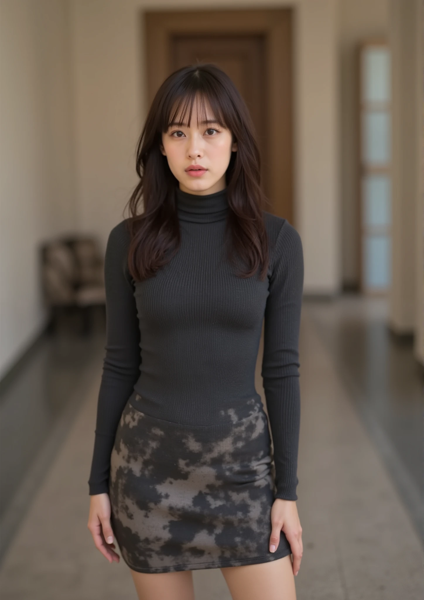 masterpiece, top quality, Wear a fitted turtleneck dress、very stylish woman、With the hall in the background、sexy girl、